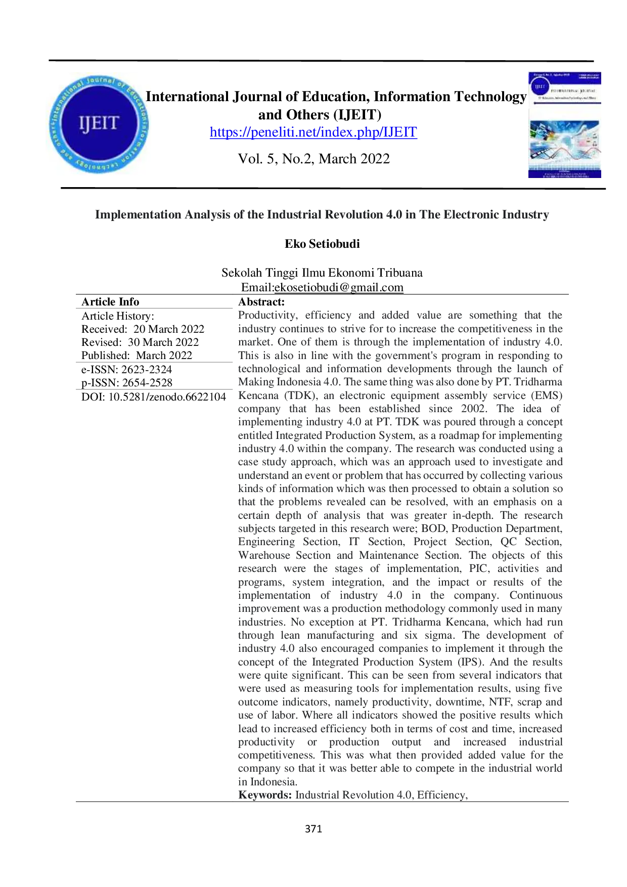 JURIS Implementation Analysis Of The Industrial Revolution 4 0 In The Electronic Industry
