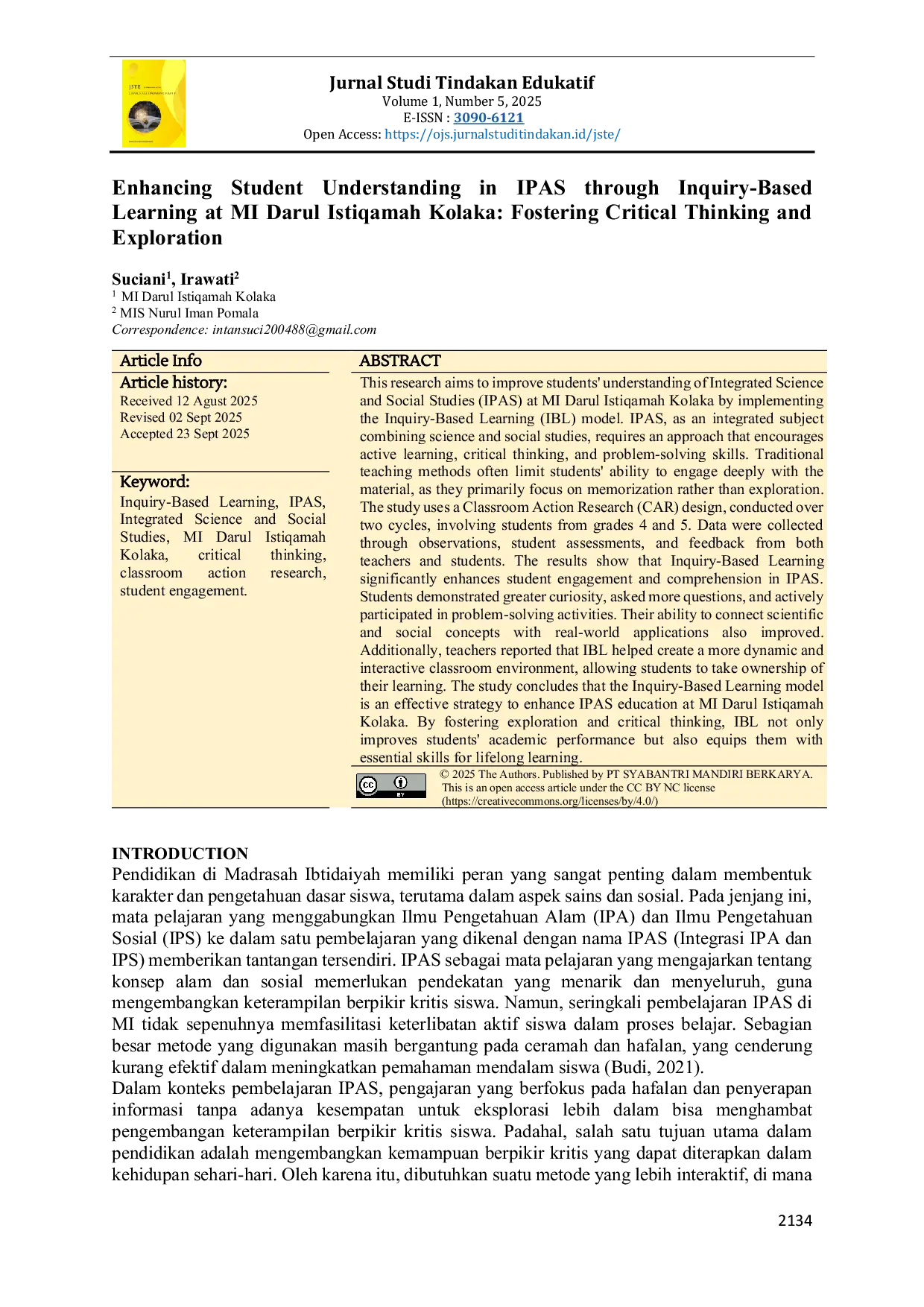 JURIS Enhancing Student Understanding in IPAS through Inquiry Based Learning at MI Darul Istiqamah Kolaka Fostering Critical Thinking and Exploration