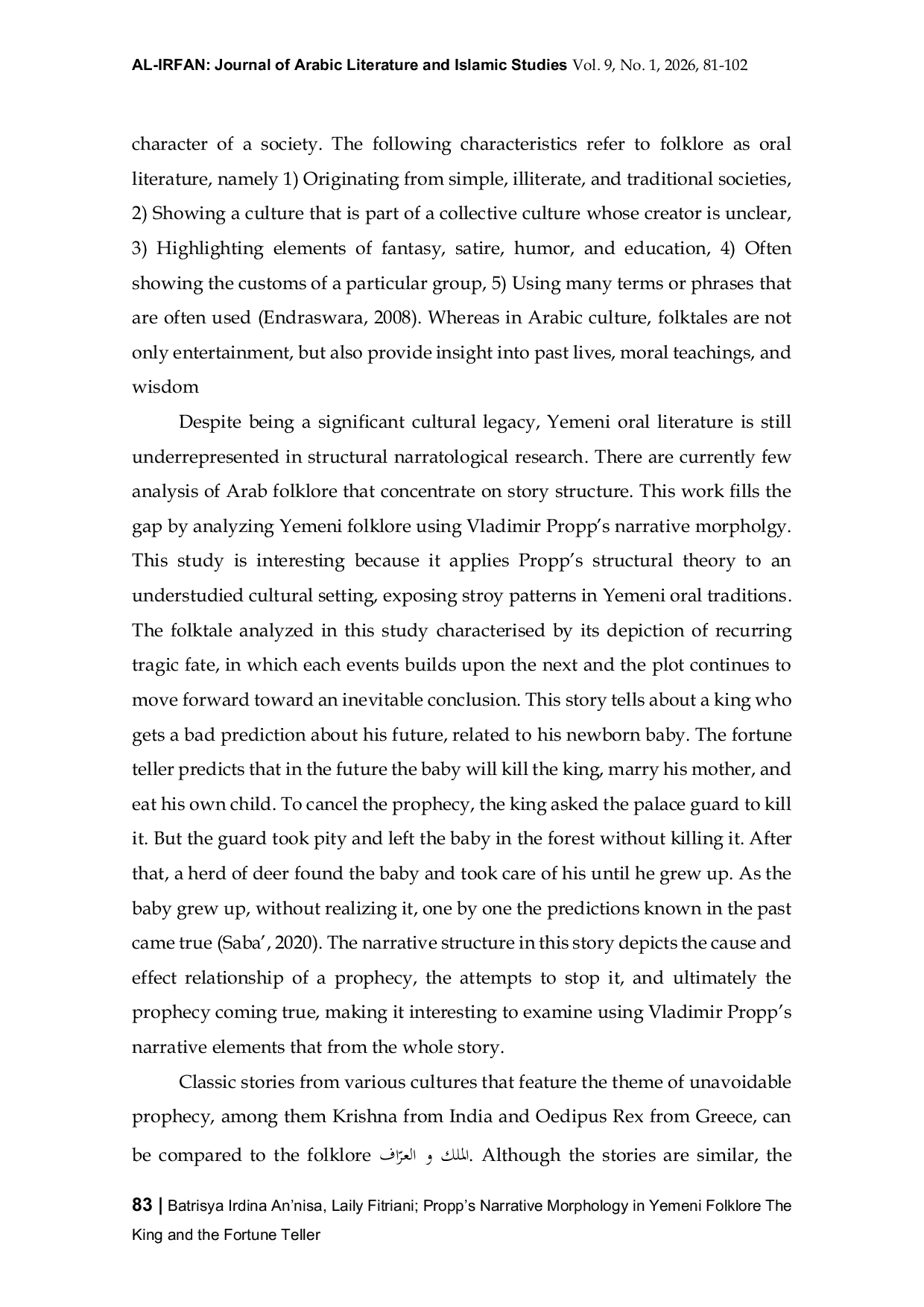 JURIS Propp s Narrative Morphology in Yemeni Folklore The King and the Fortune Teller