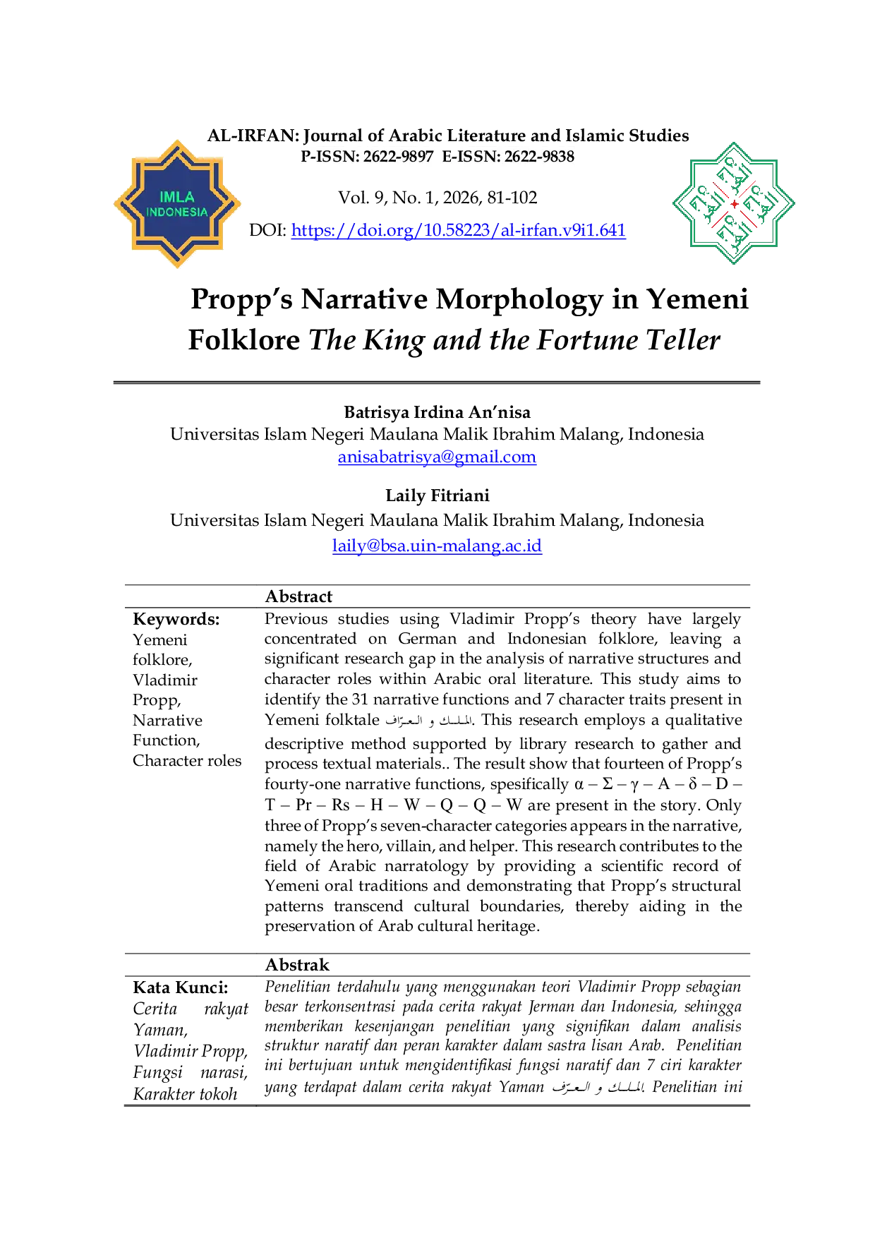 JURIS Propp s Narrative Morphology in Yemeni Folklore The King and the Fortune Teller