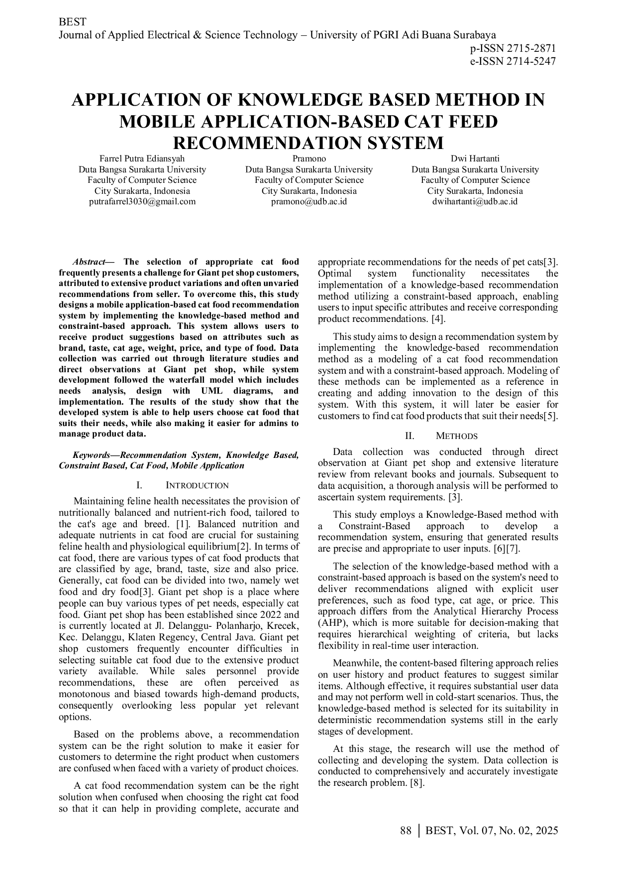 JURIS Application of Knowledge Based Method in Mobile Application Based Cat Feed Recommendation System