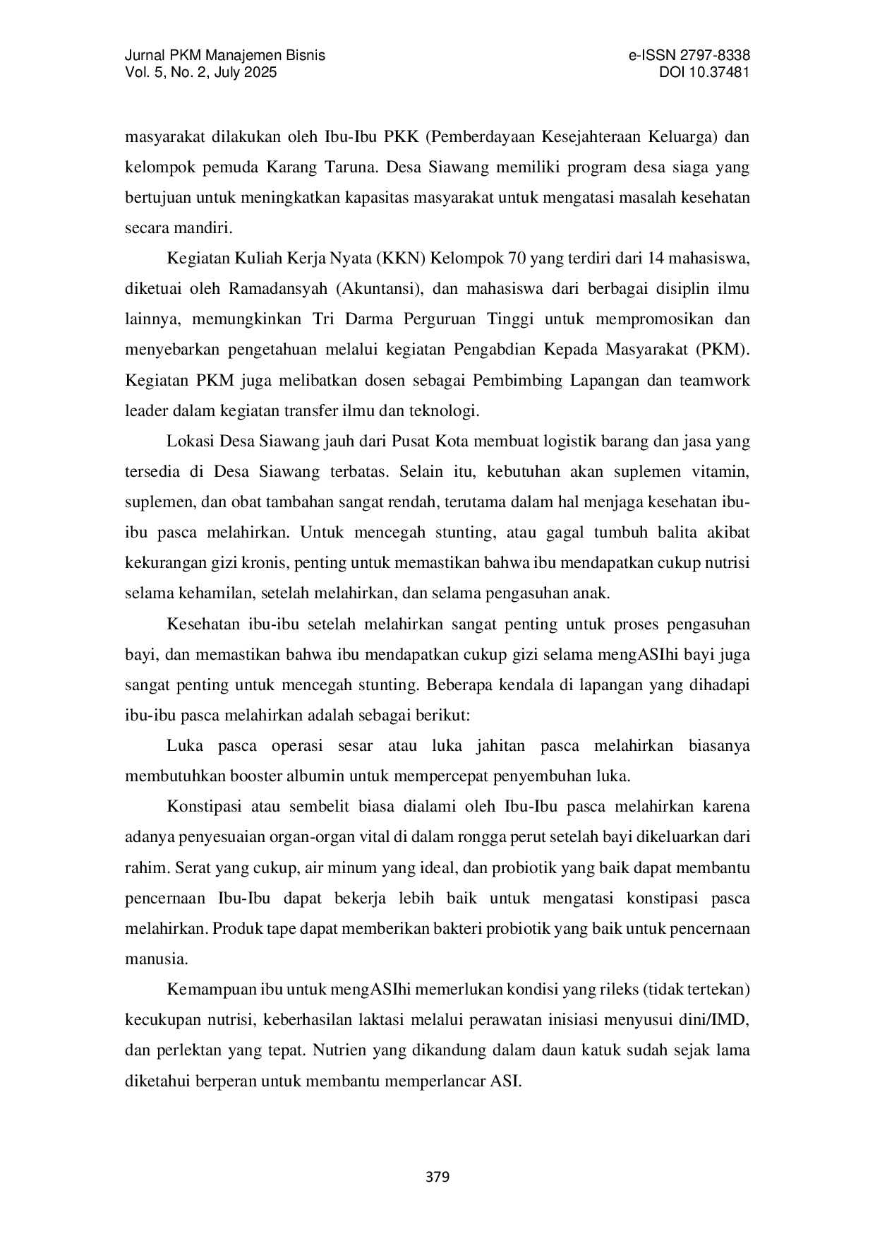 JURIS Transfer Bioteknologi Pembuatan Tape Uli Daun Katuk Berbasis Protein Ikan Gabus sebagai Sumber Albumin Booster Recovery Pasca Melahirkan di Siawang Lumbis