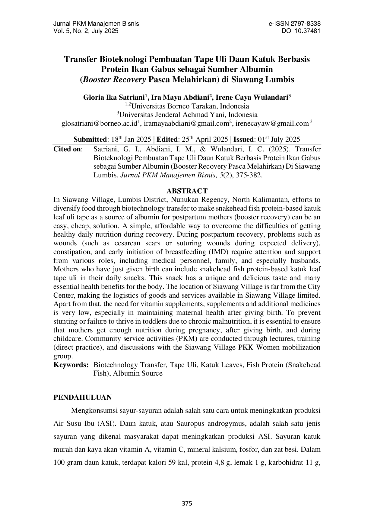 JURIS Transfer Bioteknologi Pembuatan Tape Uli Daun Katuk Berbasis Protein Ikan Gabus sebagai Sumber Albumin Booster Recovery Pasca Melahirkan di Siawang Lumbis