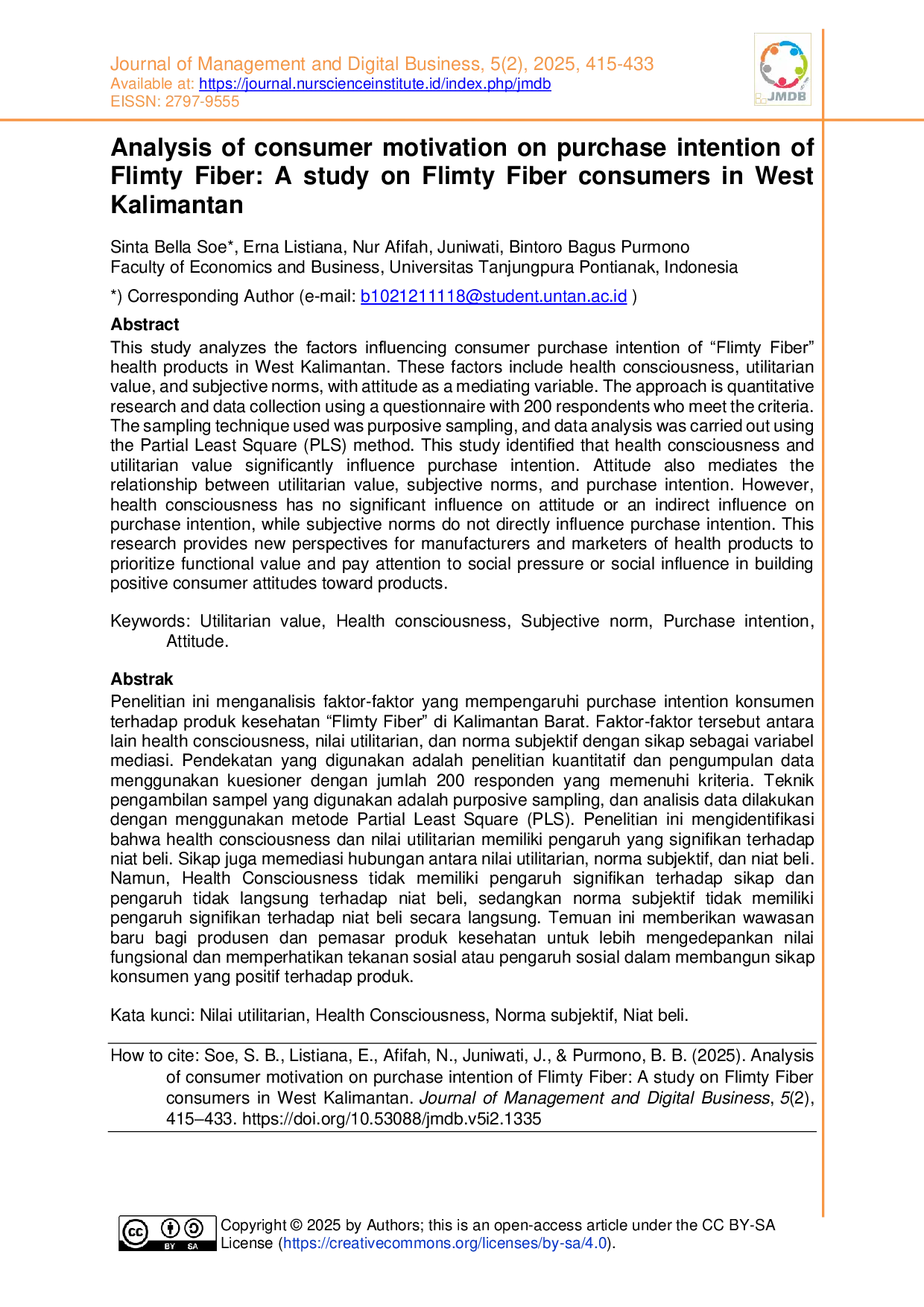 JURIS Analysis of consumer motivation on purchase intention of Flimty Fiber A study on Flimty Fiber consumers in West Kalimantan