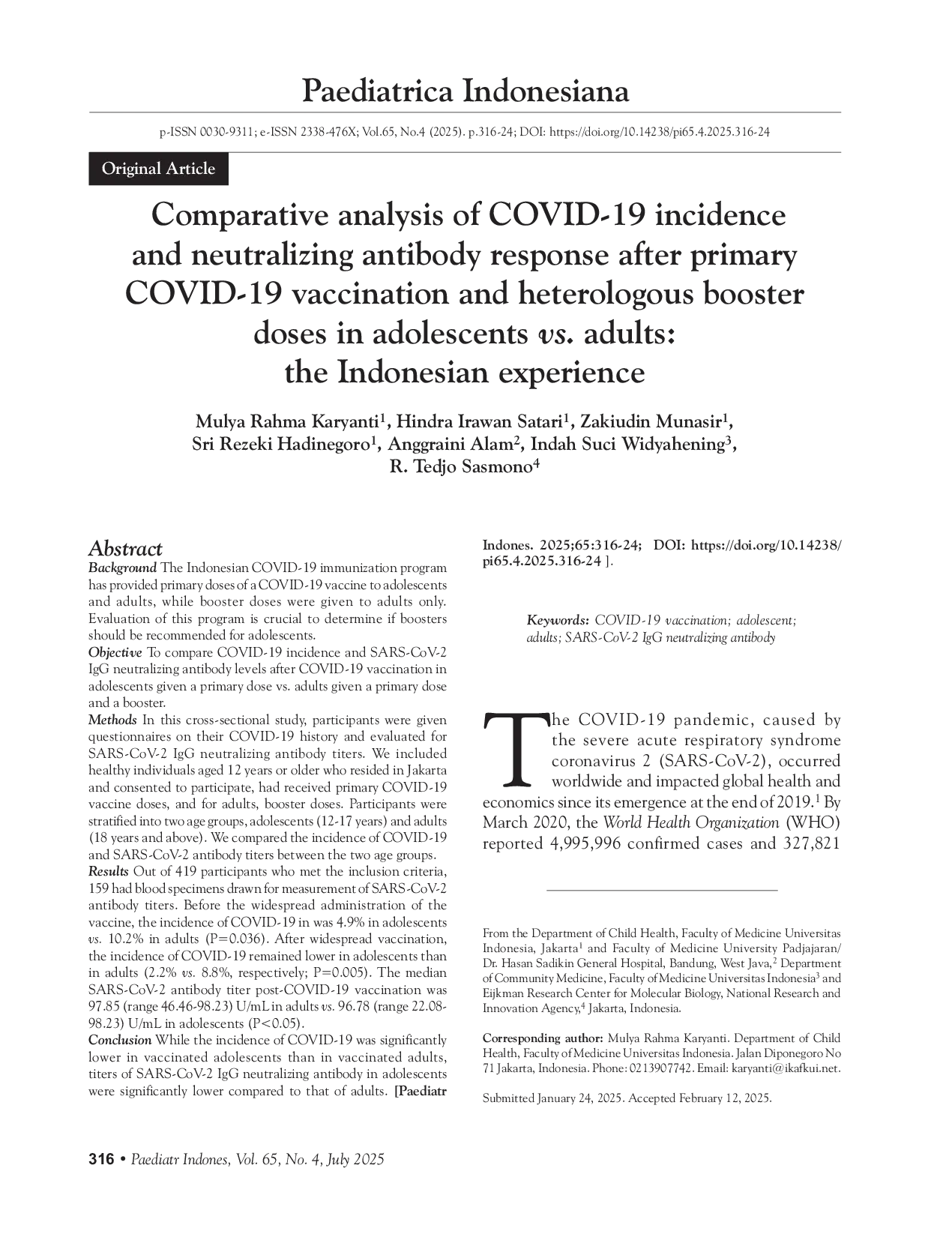 JURIS Comparative analysis of COVID 19 incidence and neutralizing antibody response after primary COVID 19 vaccination and heterologous booster doses in adolescents vs adults the Indonesian experience