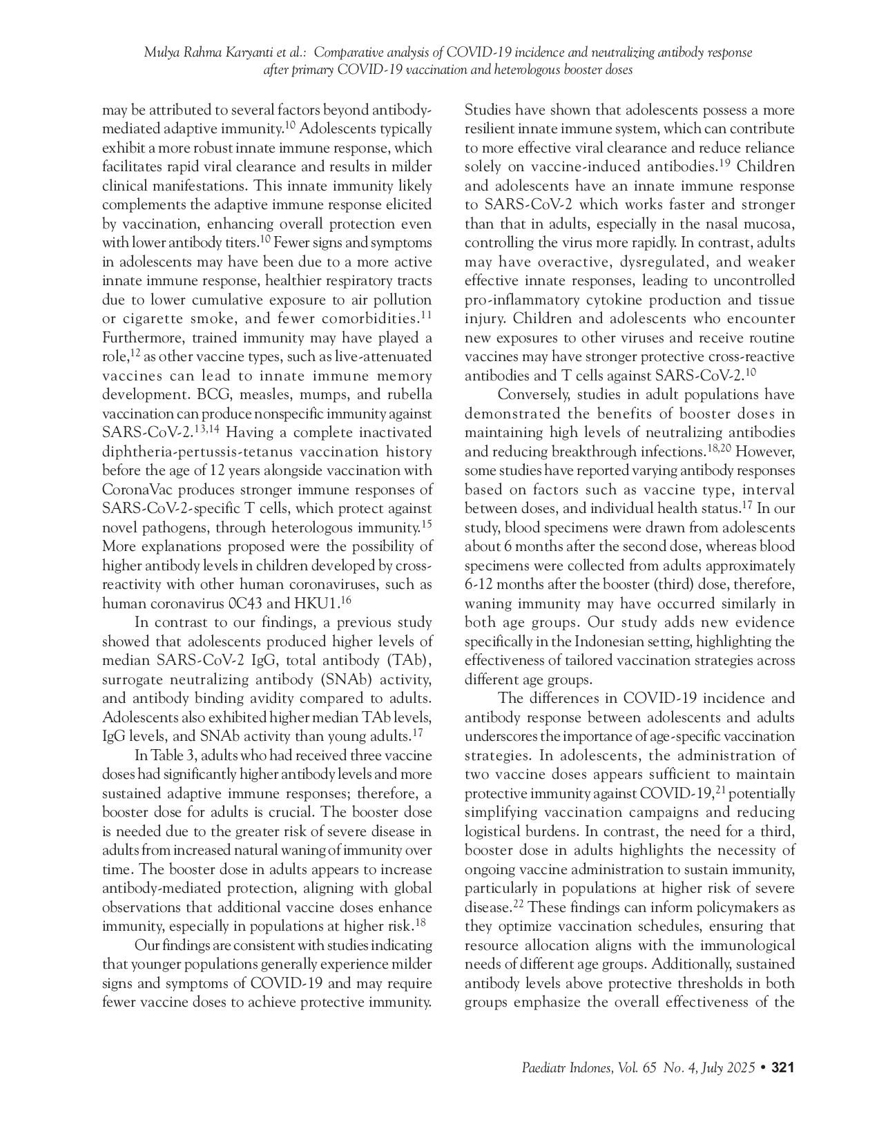 JURIS Comparative analysis of COVID 19 incidence and neutralizing antibody response after primary COVID 19 vaccination and heterologous booster doses in adolescents vs adults the Indonesian experience