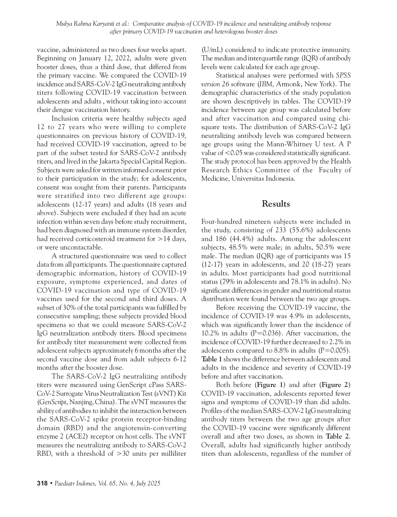 JURIS Comparative analysis of COVID 19 incidence and neutralizing antibody response after primary COVID 19 vaccination and heterologous booster doses in adolescents vs adults the Indonesian experience
