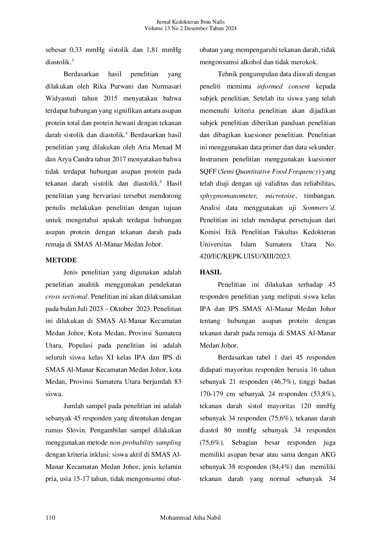 JURIS Hubungan Asupan Protein Dengan Tekanan Darah Pada Remaja Di Smas Al Manar Medan Johor