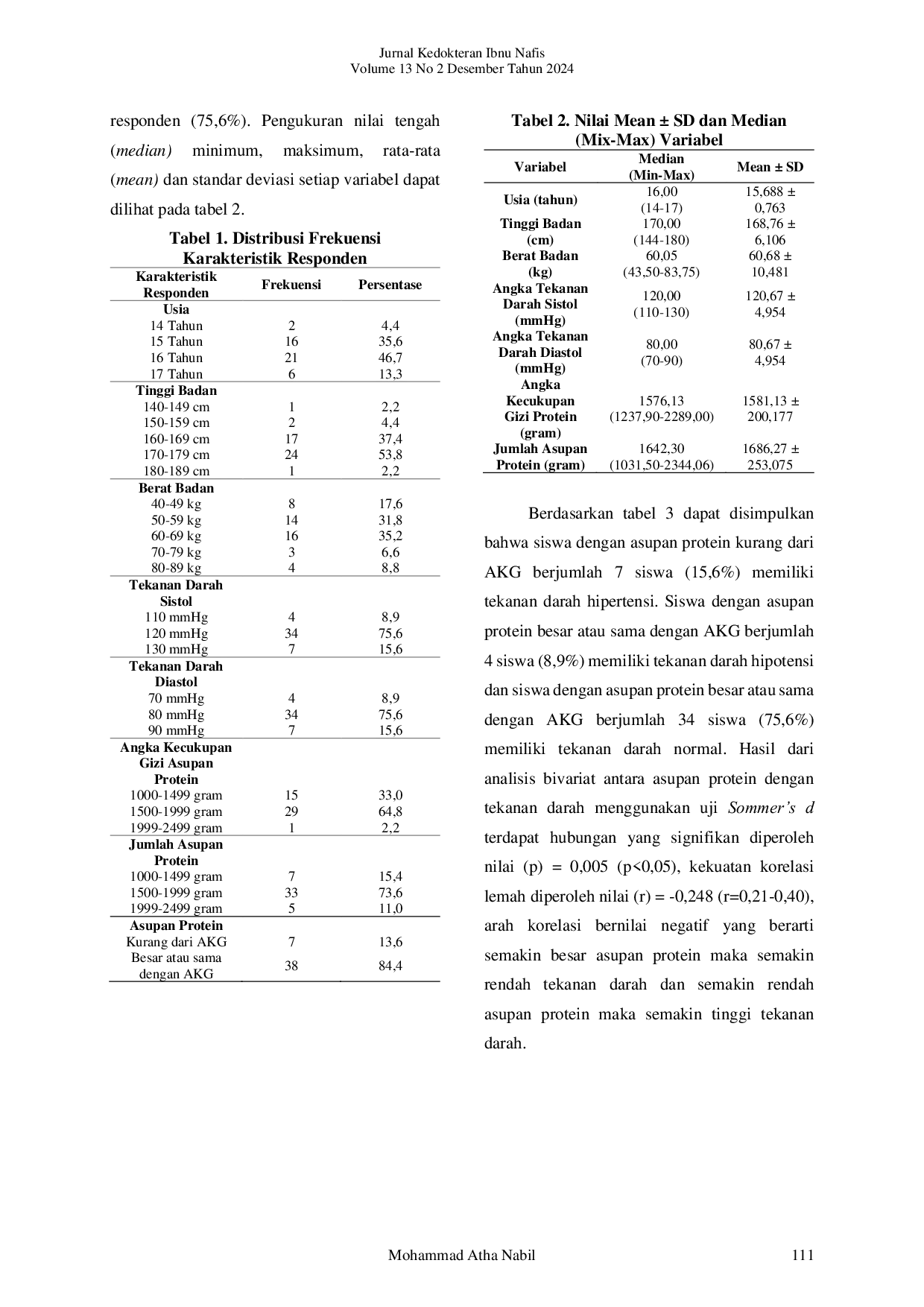 JURIS Hubungan Asupan Protein Dengan Tekanan Darah Pada Remaja Di Smas Al Manar Medan Johor