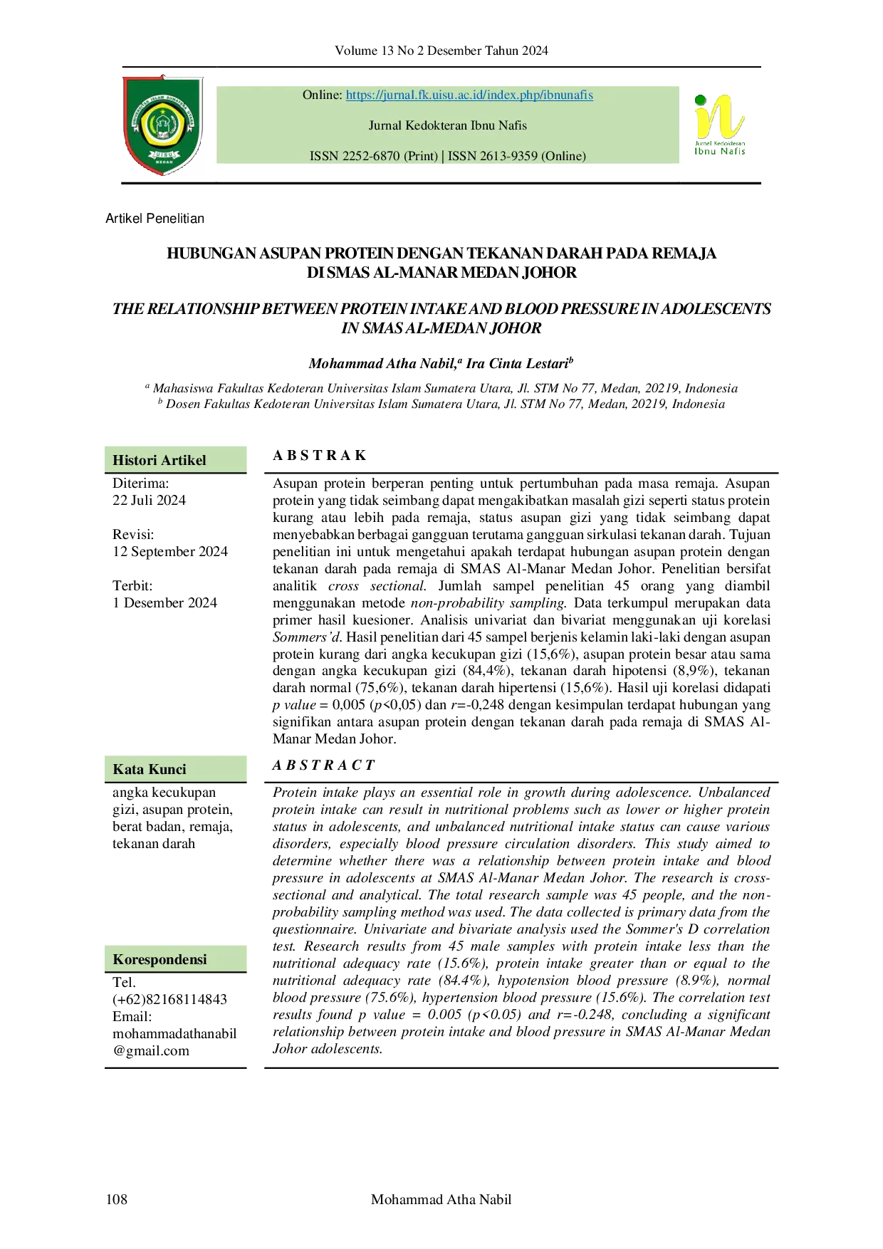 JURIS Hubungan Asupan Protein Dengan Tekanan Darah Pada Remaja Di Smas Al Manar Medan Johor
