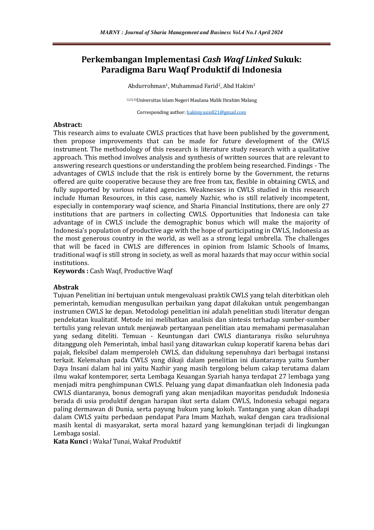 JURIS Perkembangan Implementasi Cash Waqf Linked Sukuk Paradigma Baru Waqf Produktif di Indonesia
