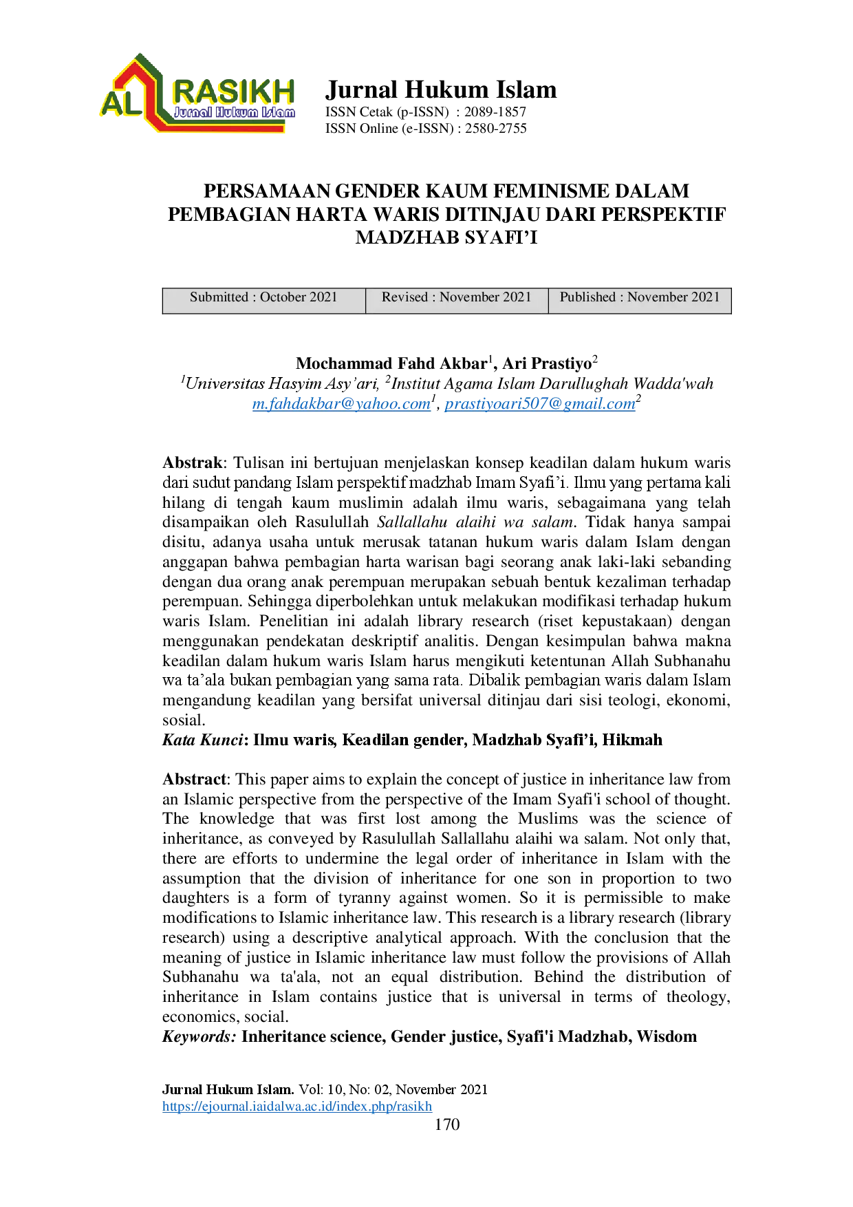 juris Persamaan Gender Kaum Feminisme dalam Pembagian Harta Waris Ditinjau dari Perspektif Madzhab Syafi i