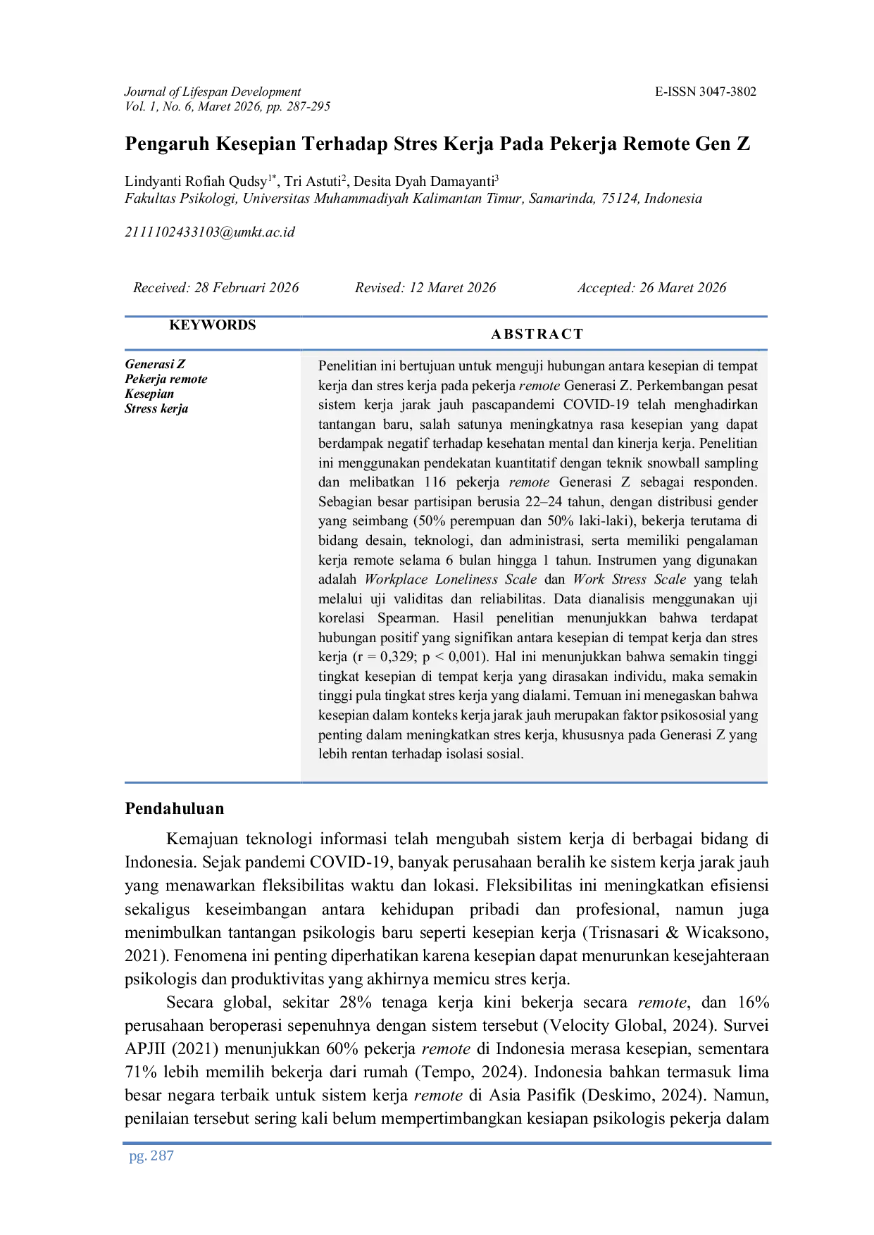 JURIS Pengaruh Kesepian Terhadap Stres Kerja Pada Pekerja Remote Gen Z