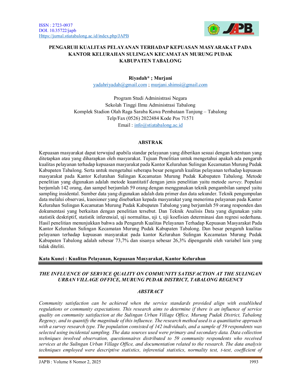 JURIS Pengaruh Kualitas Pelayanan Terhadap Kepuasan Masyarakat Pada Kantor Kelurahan Sulingan Kecamatan Murung Pudak Kabupaten Tabalong