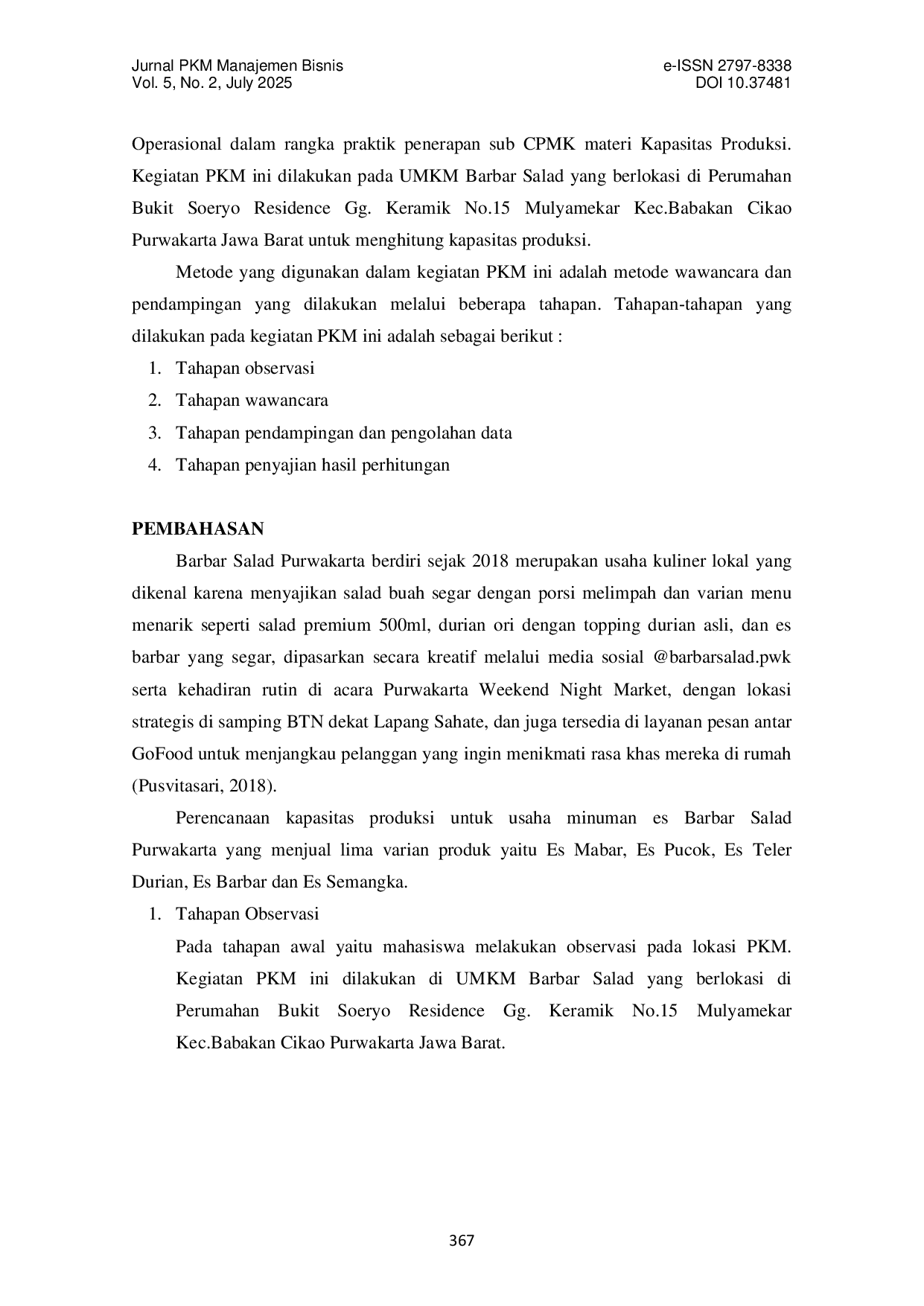 JURIS Pendampingan Perhitungan Kapasitas Produksi pada UMKM Salad Barbar Purwakarta