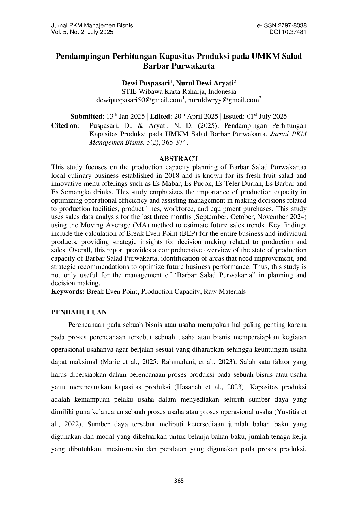 JURIS Pendampingan Perhitungan Kapasitas Produksi pada UMKM Salad Barbar Purwakarta