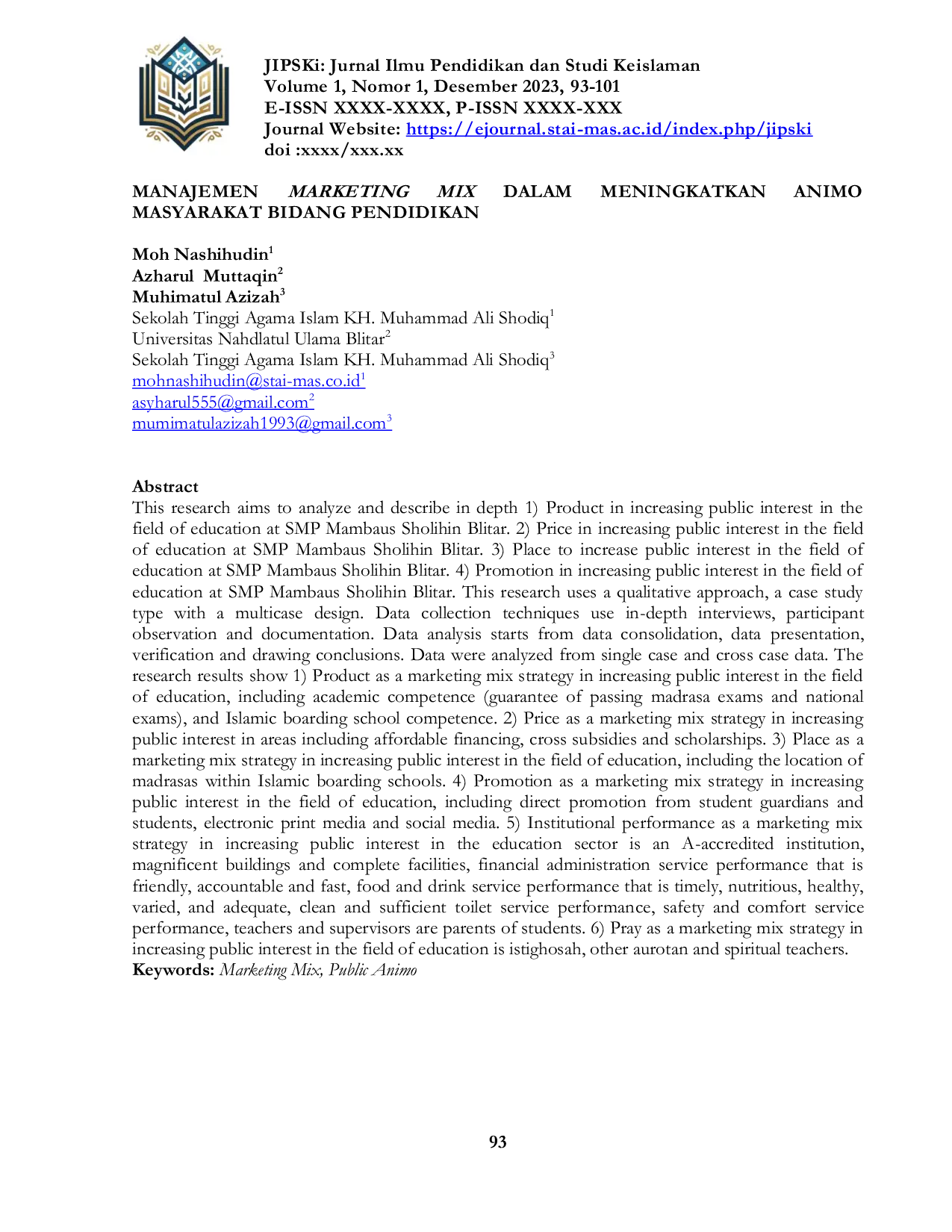 JURIS Manajemen Marketing Mix dalam Meningkatkan Animo Masyarakat Bidang Pendidikan