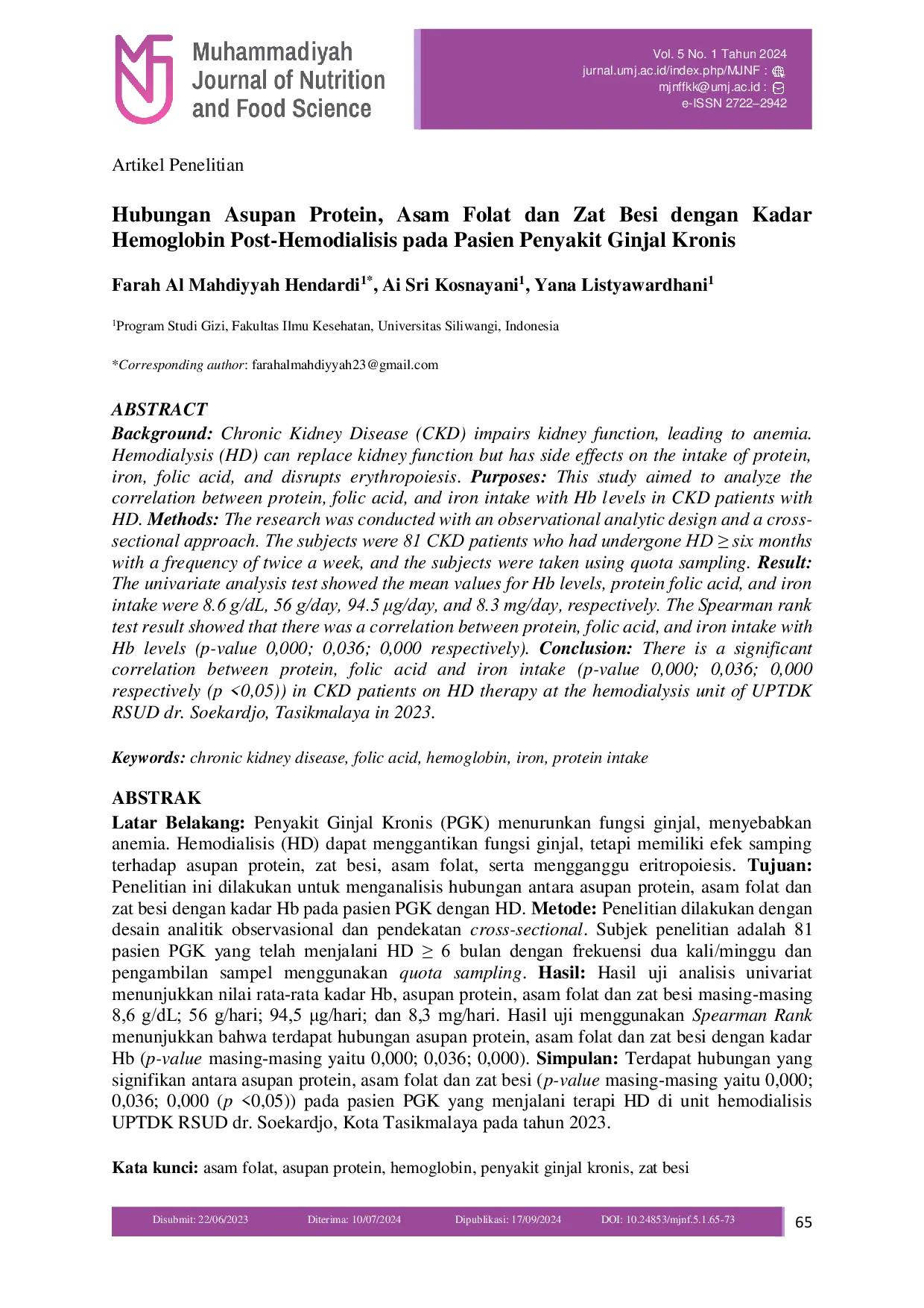 JURIS Hubungan Asupan Protein Asam Folat dan Zat Besi dengan Kadar Hemoglobin Post Hemodialisis pada Pasien Penyakit Ginjal Kronis