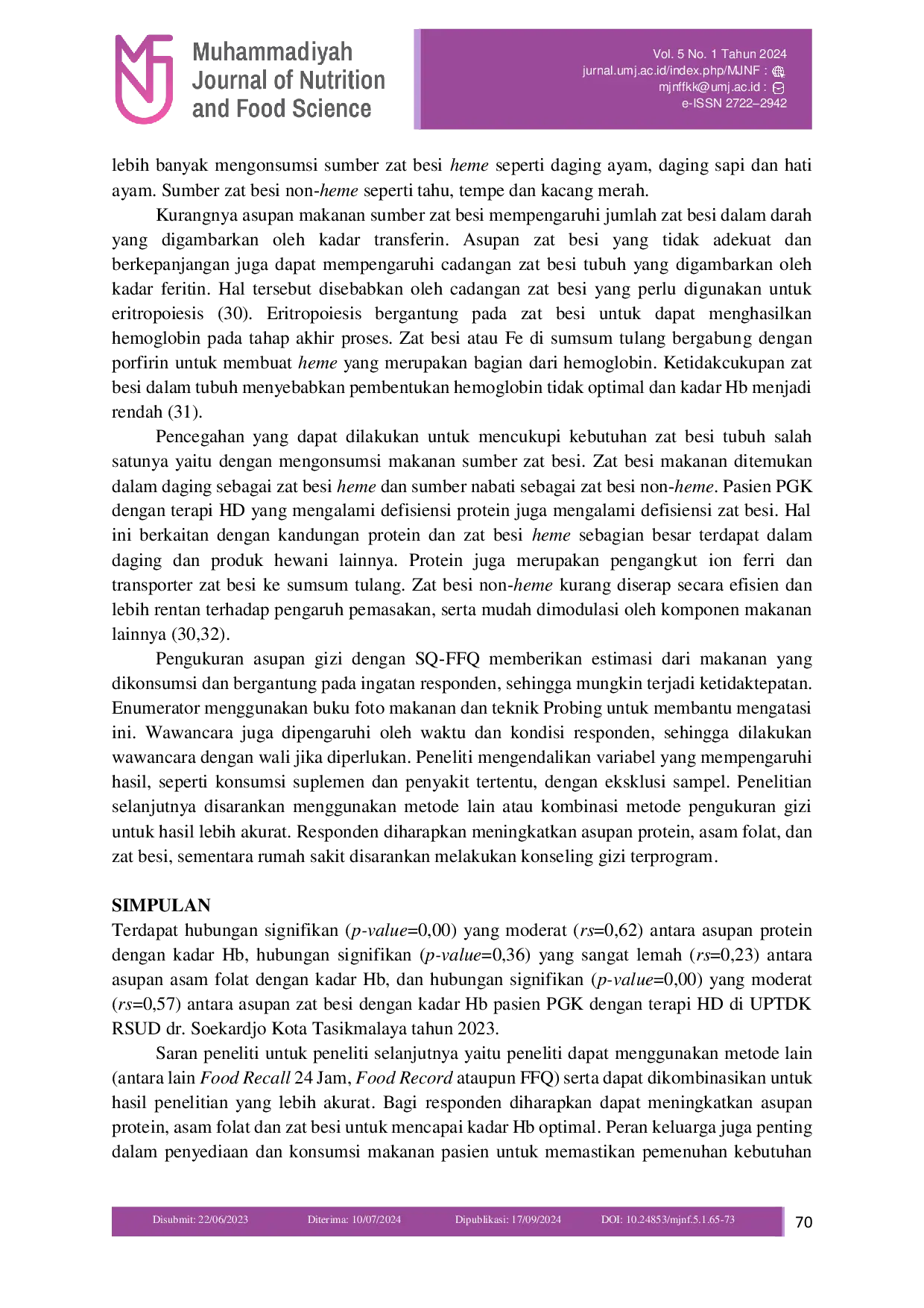 JURIS Hubungan Asupan Protein Asam Folat dan Zat Besi dengan Kadar Hemoglobin Post Hemodialisis pada Pasien Penyakit Ginjal Kronis