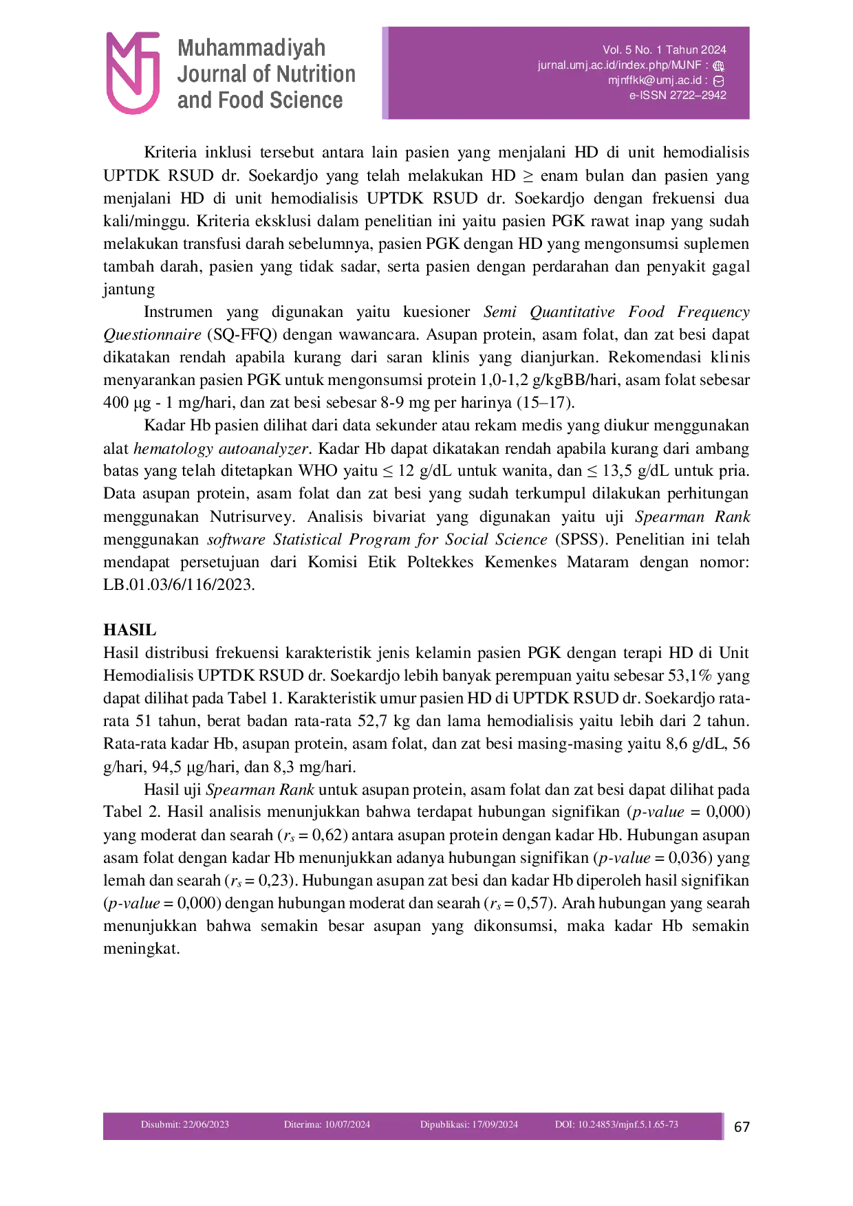 JURIS Hubungan Asupan Protein Asam Folat dan Zat Besi dengan Kadar Hemoglobin Post Hemodialisis pada Pasien Penyakit Ginjal Kronis