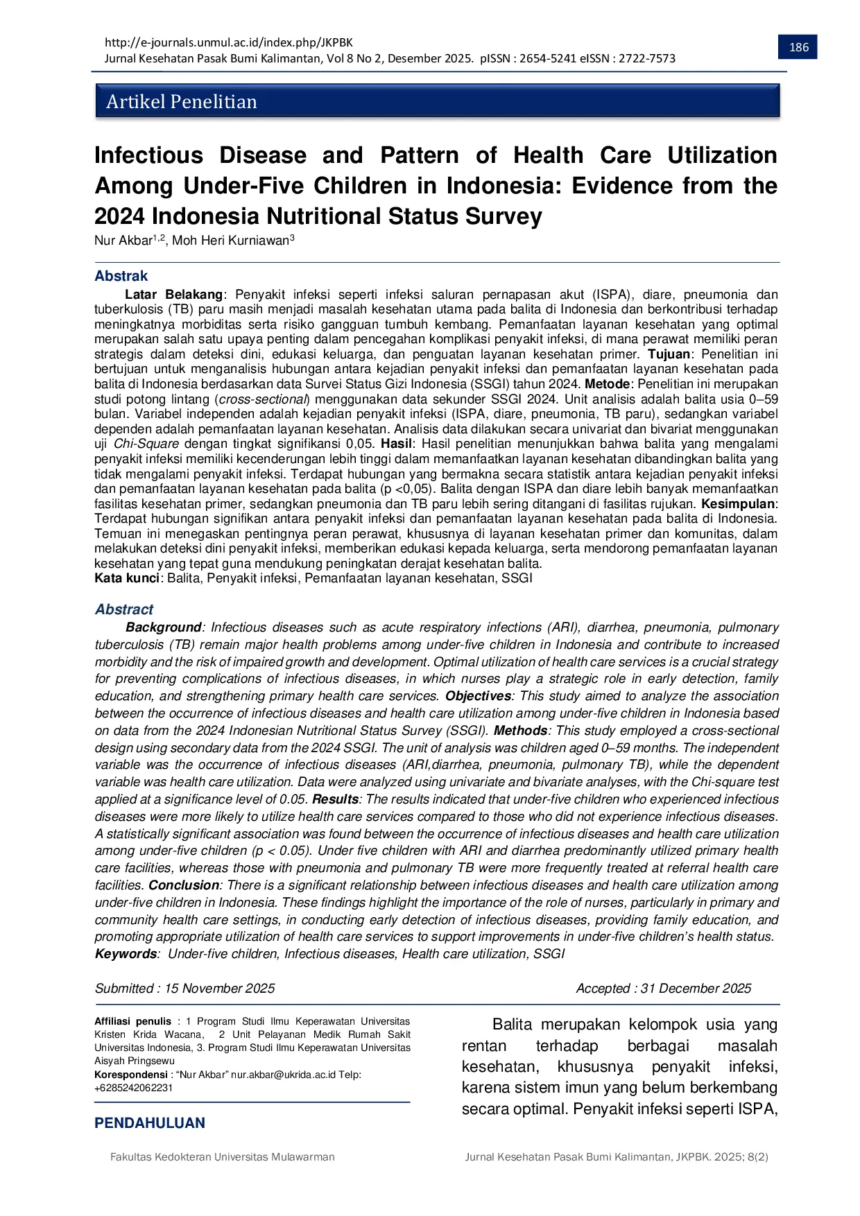 JURIS Infectious Disease and Health Care Utilization Among Under Five Children in Indonesia Evidence from the 2024 Indonesia Nutritional Status Survey