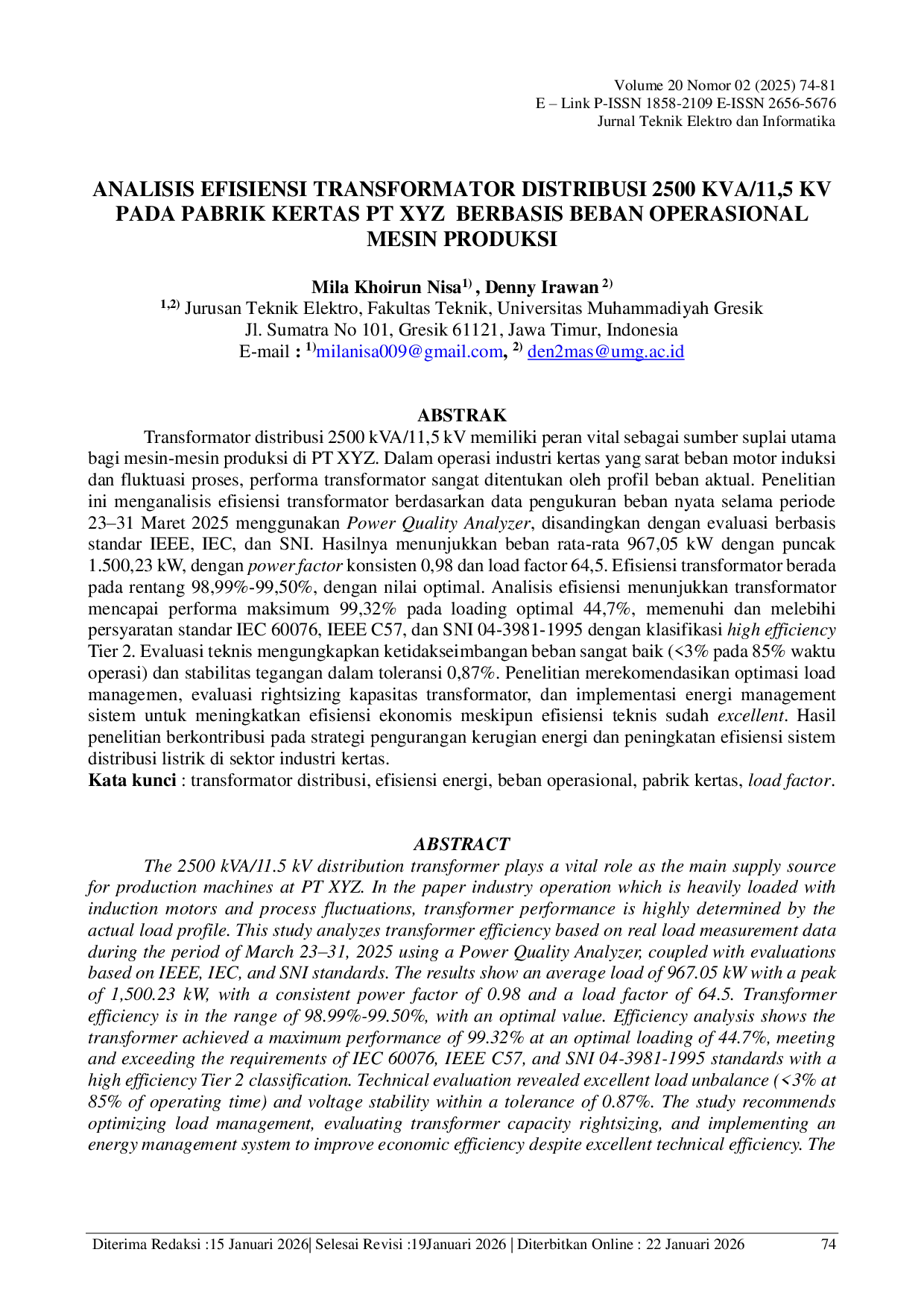 JURIS Analisis Efisiensi Transformator Distribusi 2500 KVA 11 5 KV Pada Pabrik Kertas PT XYZ Berbasis Beban Operasional Mesin Produksi