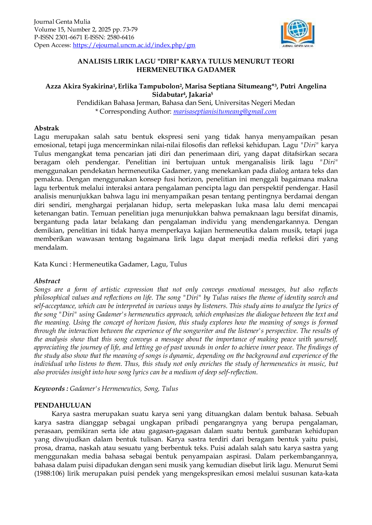 JURIS Analisis Lirik Lagu Diri Karya Tulus Menurut Teori Hermeneutika Gadamer