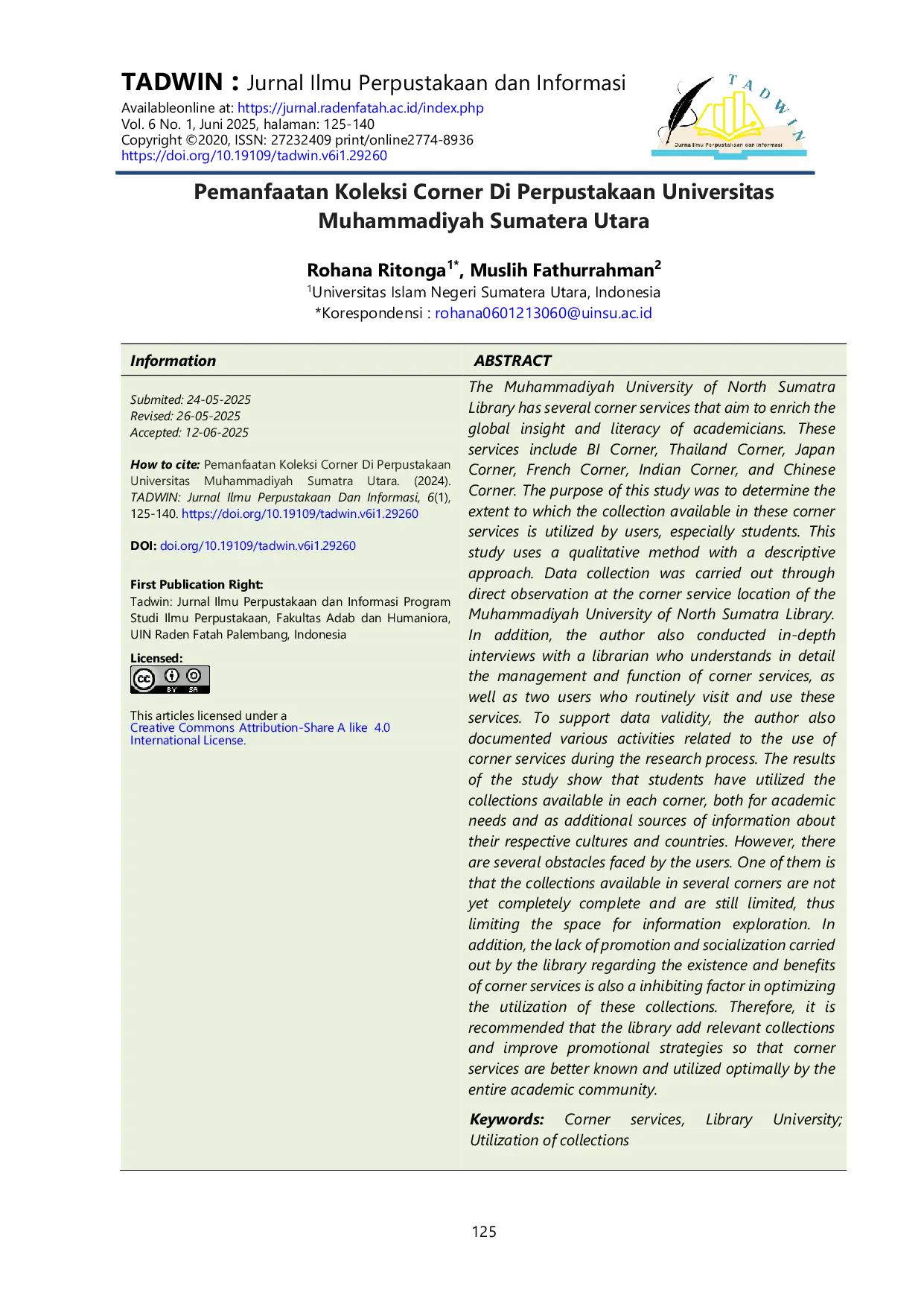 JURIS Pemanfaatan Koleksi Corner di Perpustakaan Universitas Muhammadiah Sumatera Utara