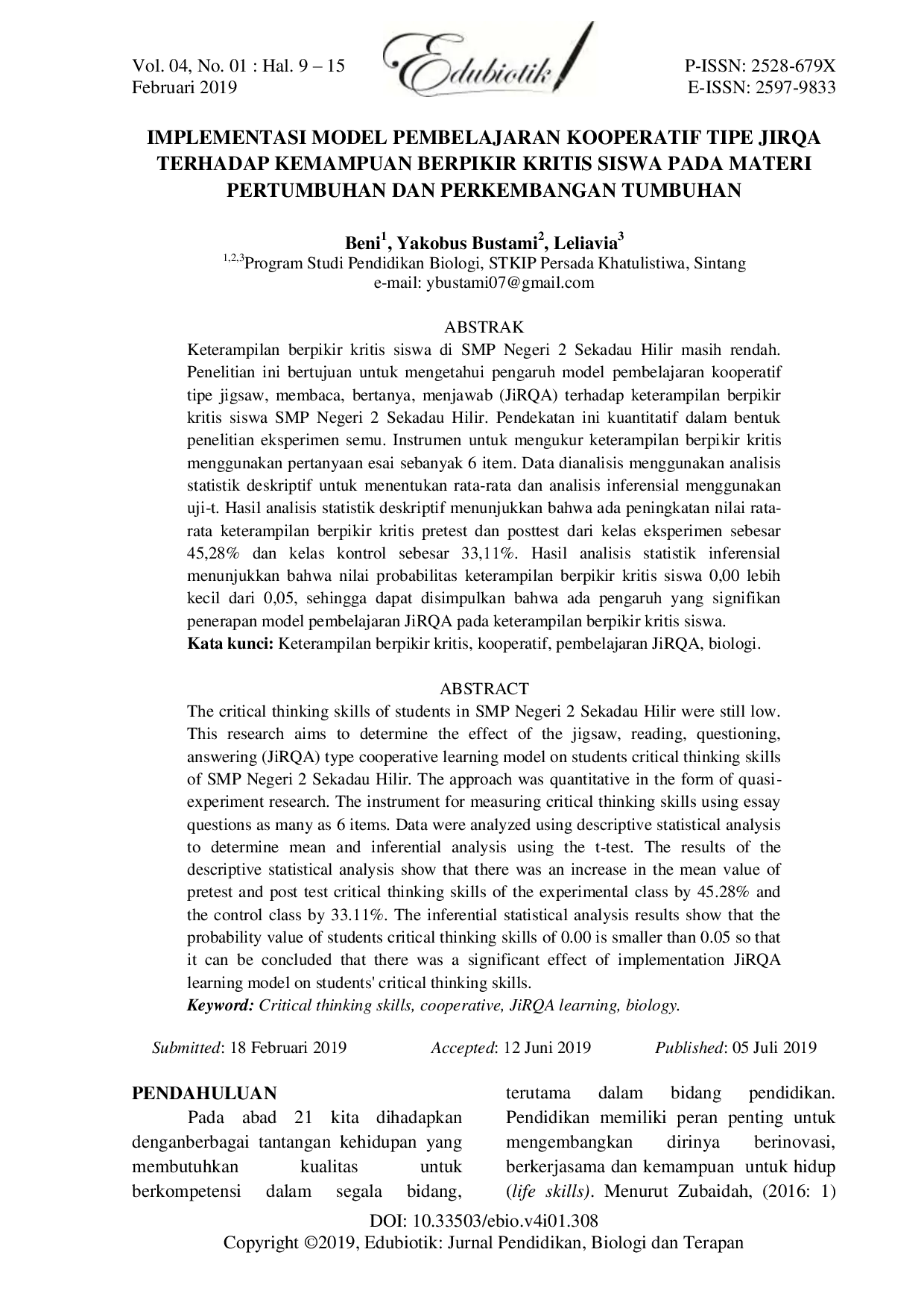 JURIS Implementasi Model Pembelajaran Kooperatif Tipe Jirqa terhadap Kemampuan Berpikir Kritis Siswa pada Materi Pertumbuhan dan Perkembangan Tumbuhan