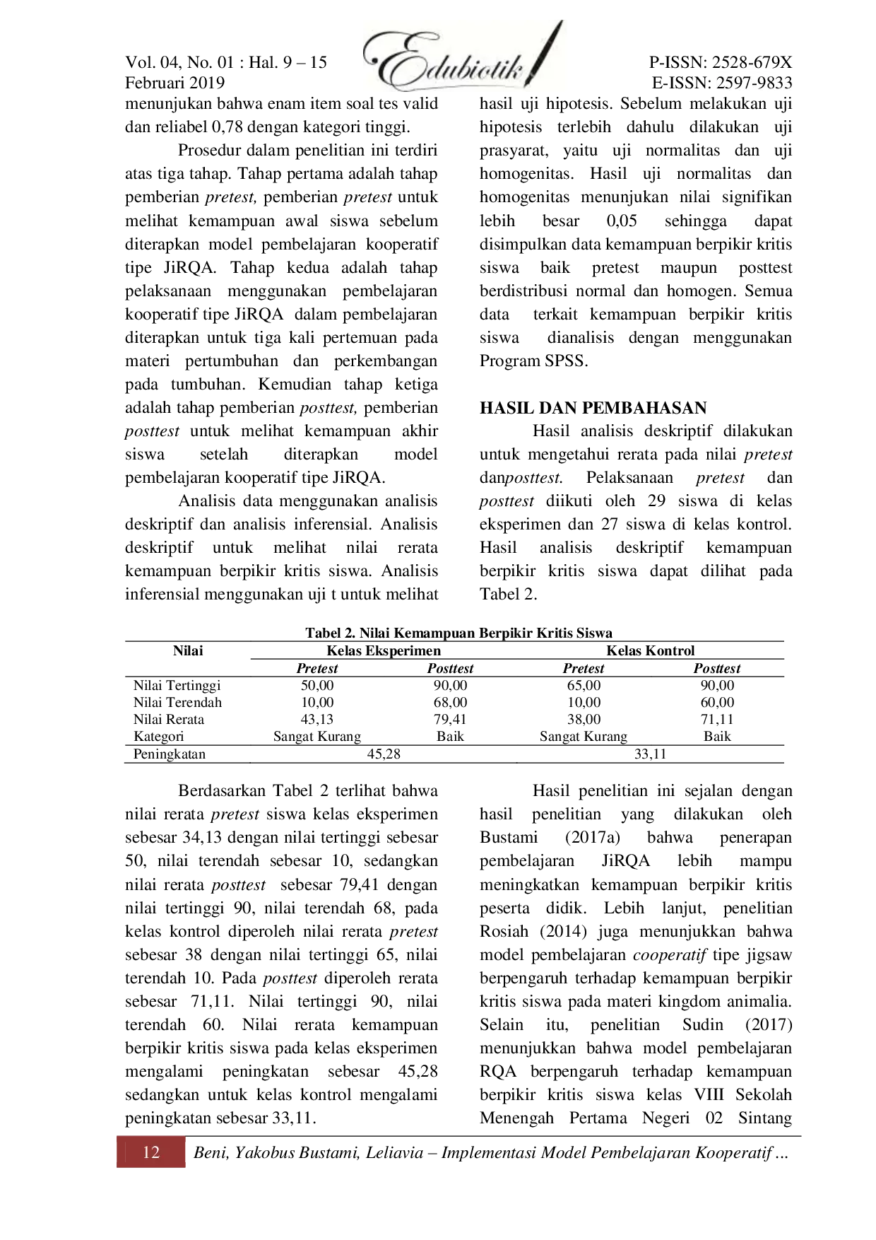 JURIS Implementasi Model Pembelajaran Kooperatif Tipe Jirqa terhadap Kemampuan Berpikir Kritis Siswa pada Materi Pertumbuhan dan Perkembangan Tumbuhan