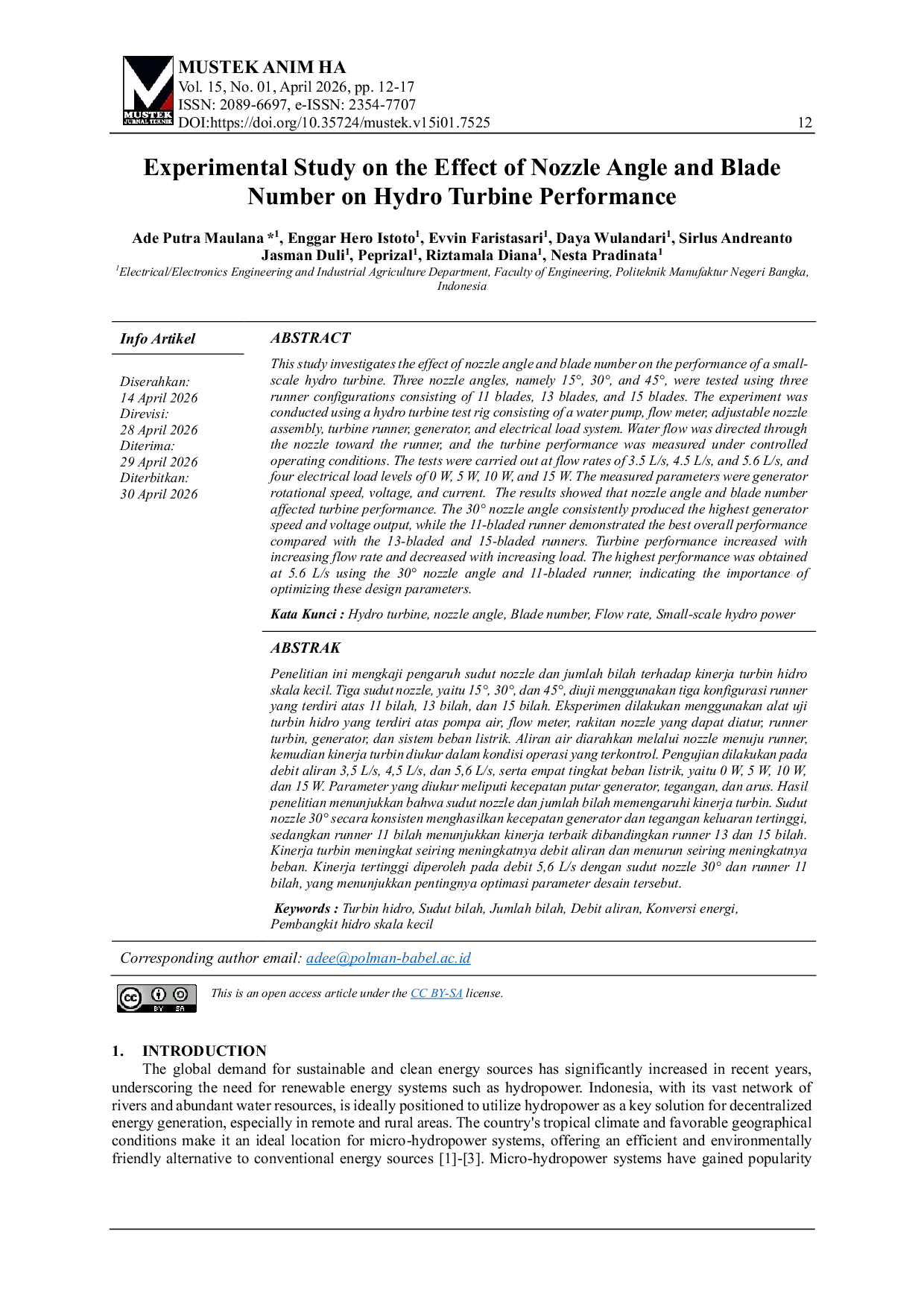 JURIS Experimental Study on the Effect of Nozzle Angle and Blade Number on Hydro Turbine Performance