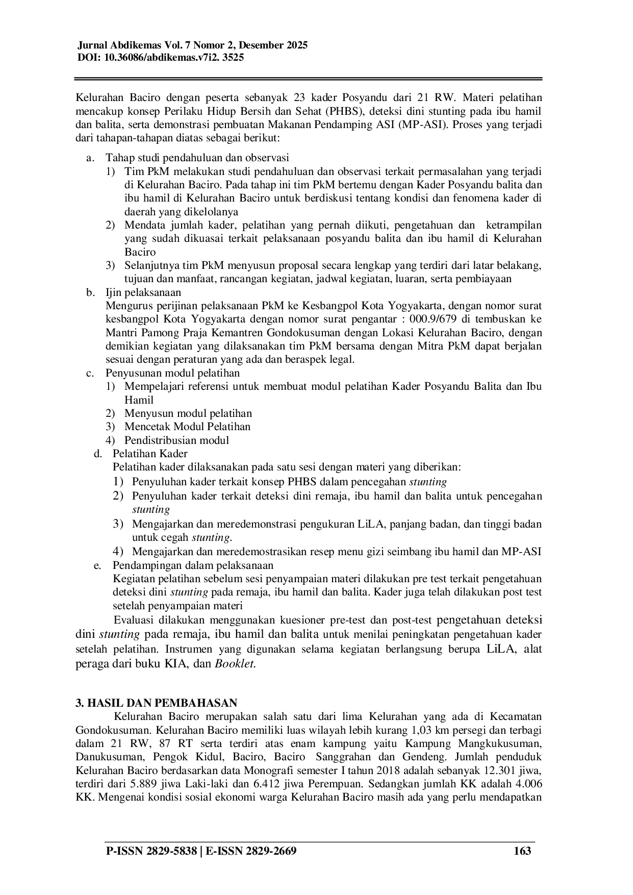 JURIS Pelatihan Kader Posyandu Balita dan Ibu Hamil dalam Deteksi Dini Stunting di Kota Yogyakarta