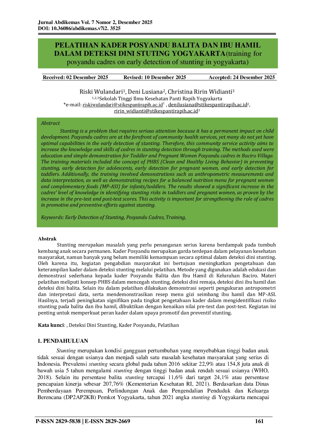 JURIS Pelatihan Kader Posyandu Balita dan Ibu Hamil dalam Deteksi Dini Stunting di Kota Yogyakarta