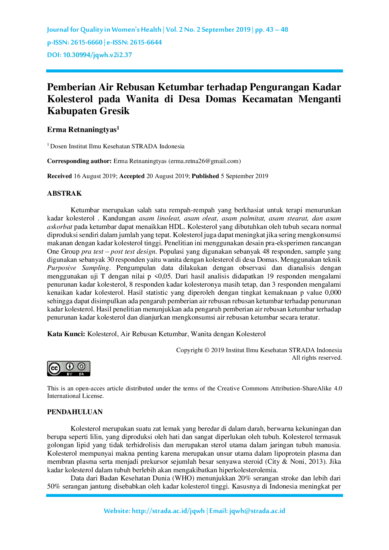 JURIS Pemberian Air Rebusan Ketumbar terhadap Pengurangan Kadar Kolesterol pada Wanita di Desa Domas Kecamatan Menganti Kabupaten Gresik