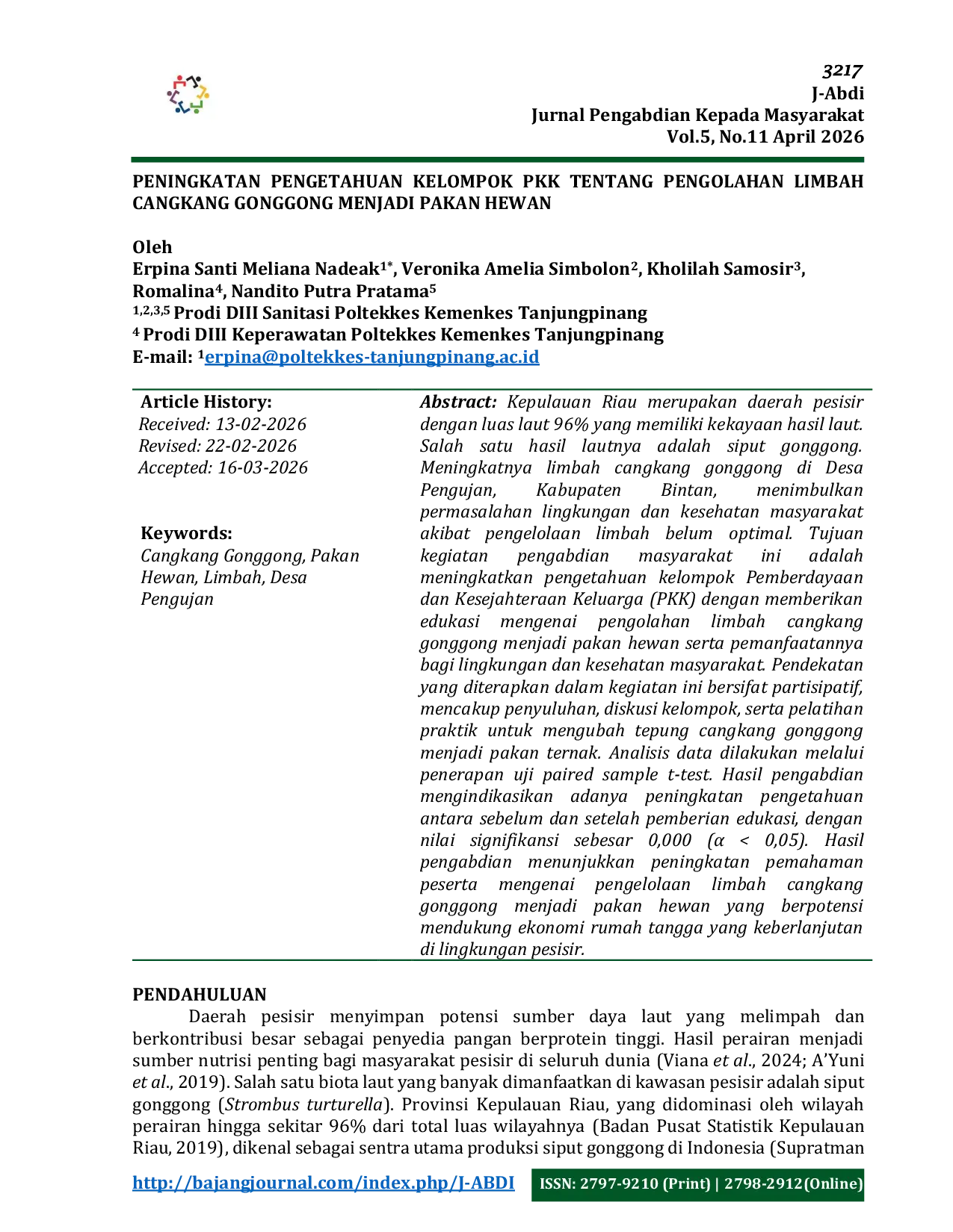 JURIS Peningkatan Pengetahuan Kelompok PKK Tentang Pengolahan Limbah Cangkang Gonggong Menjadi Pakan Hewan