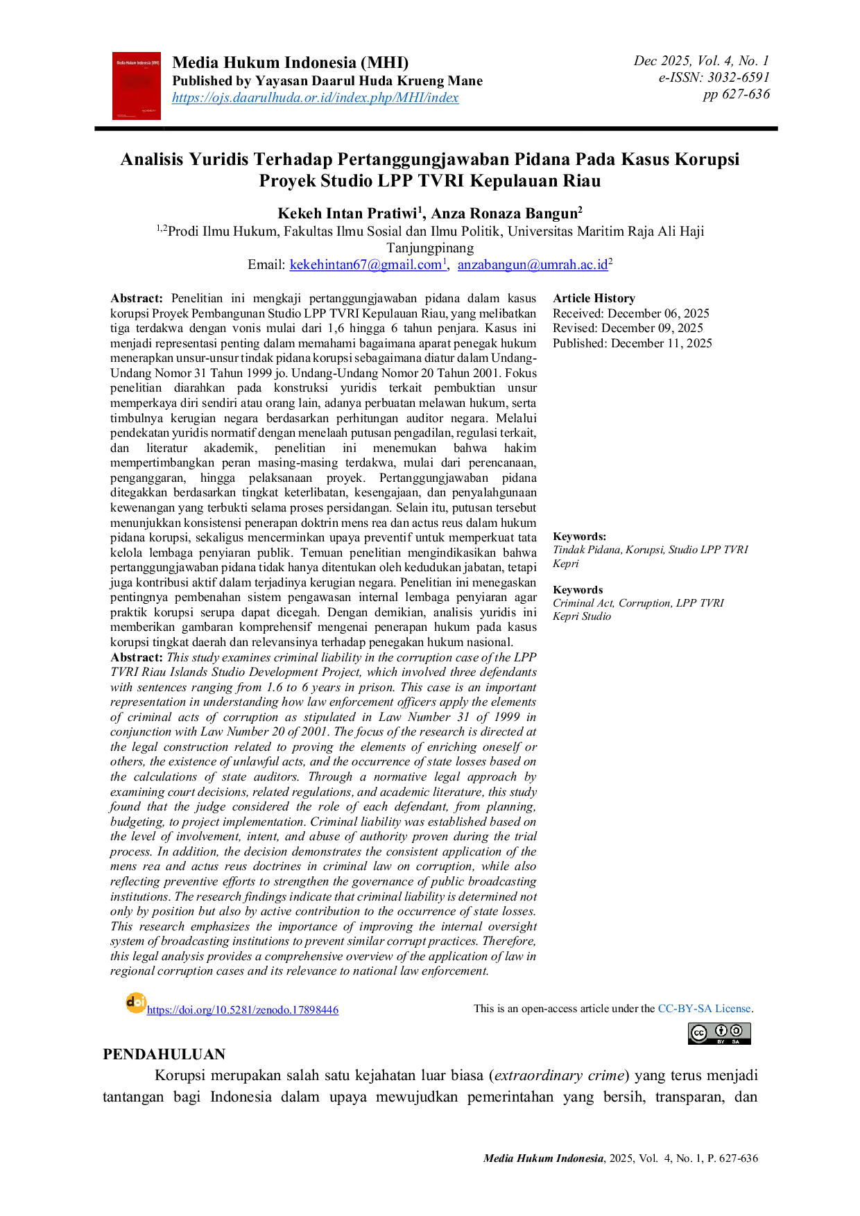 JURIS Analisis Yuridis Terhadap Pertanggungjawaban Pidana Pada Kasus Korupsi Proyek Studio LPP TVRI Kepulauan Riau