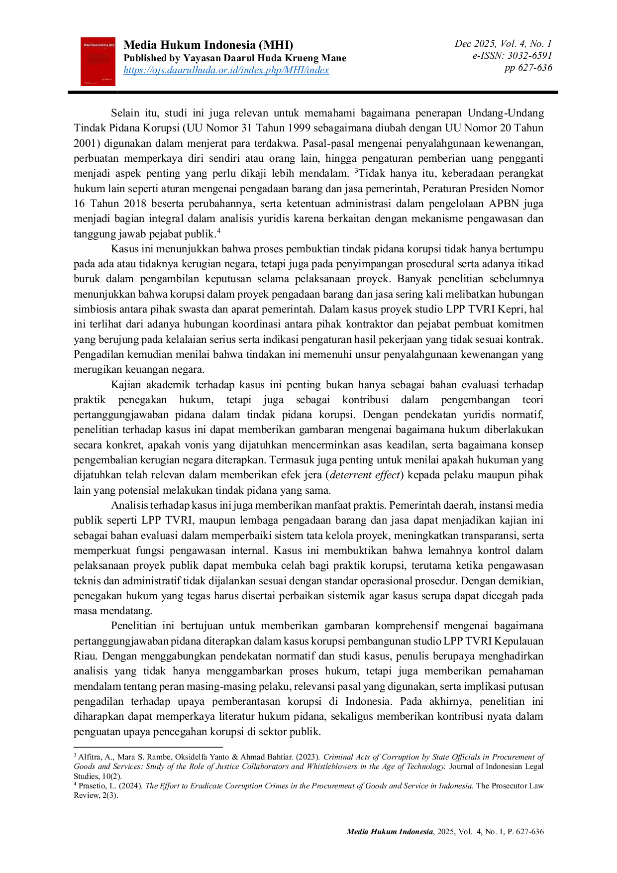 JURIS Analisis Yuridis Terhadap Pertanggungjawaban Pidana Pada Kasus Korupsi Proyek Studio LPP TVRI Kepulauan Riau