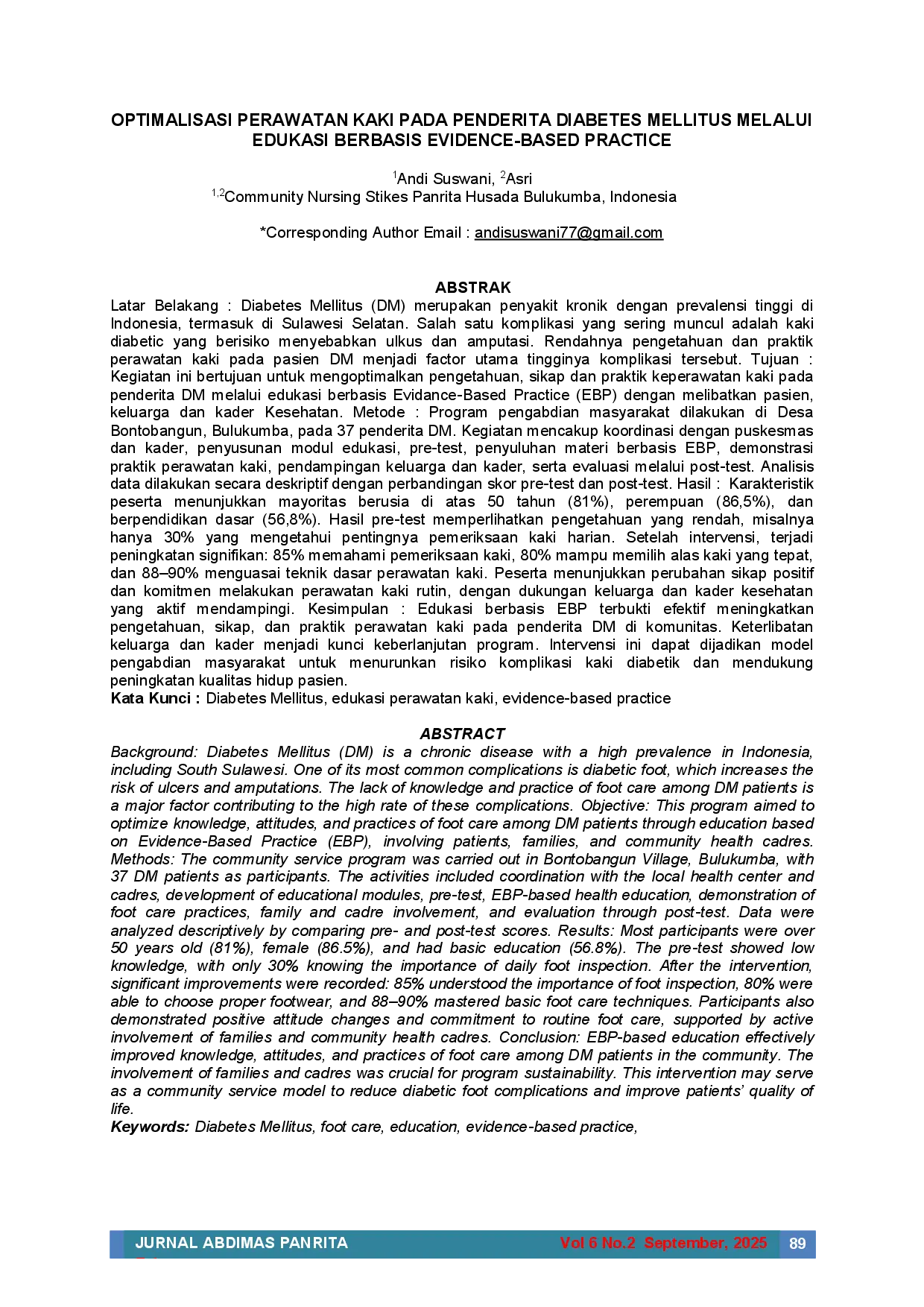 JURIS Optimalisasi Perawatan Kaki Pada Penderita Diabetes Mellitus Melalui Edukasi Berbasis Evidence Based Practice