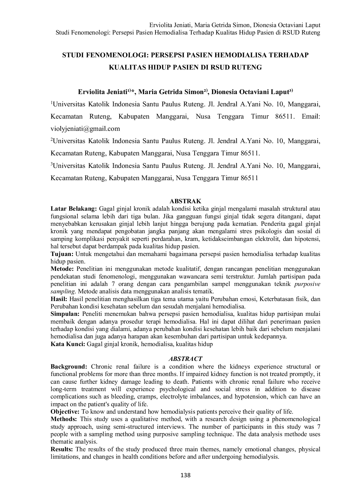 JURIS Studi Fenomenologi Persepsi Pasien Hemodialisa Terhadap Kualitas Hidup Pasien di RSUD Ruteng