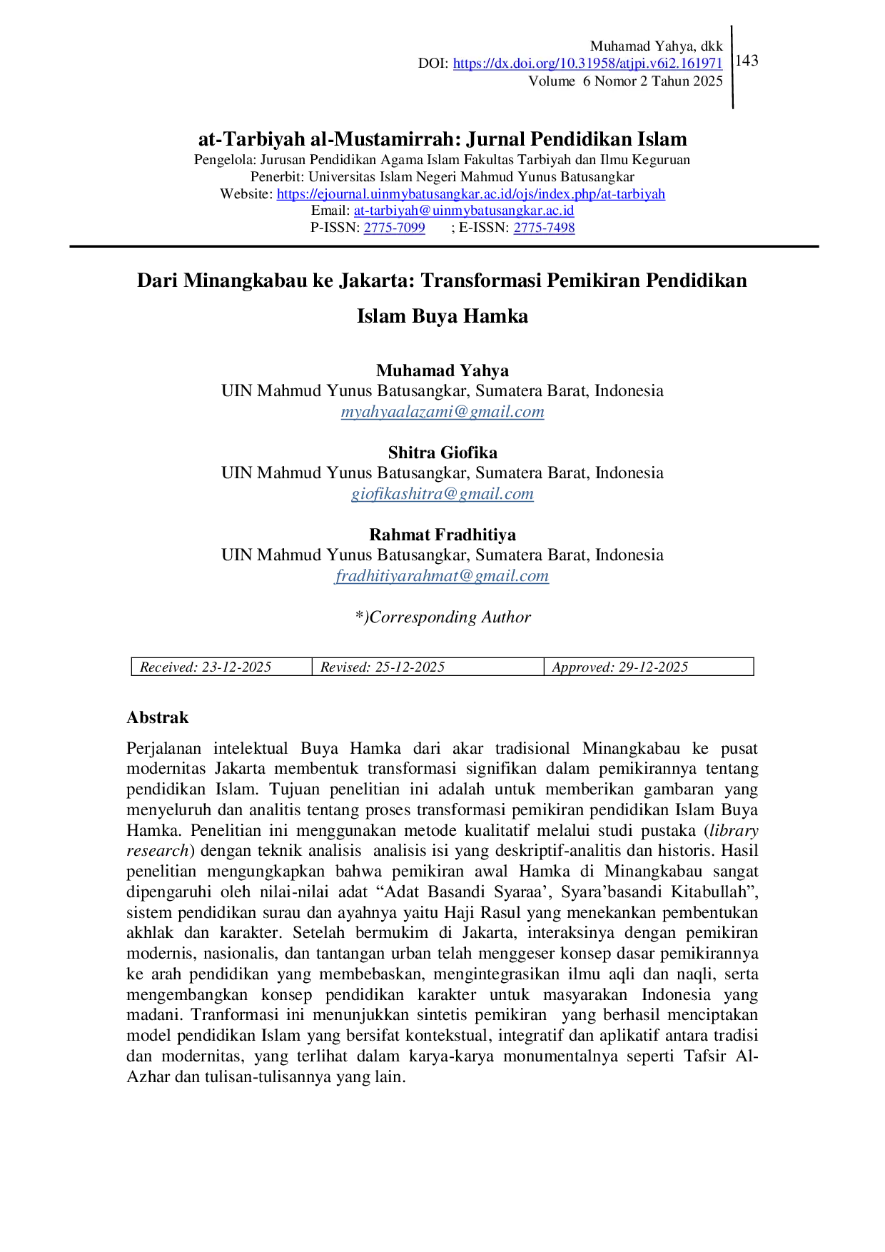 JURIS Dari Minangkabau ke Jakarta Transformasi Pemikiran Pendidikan Islam Buya Hamka