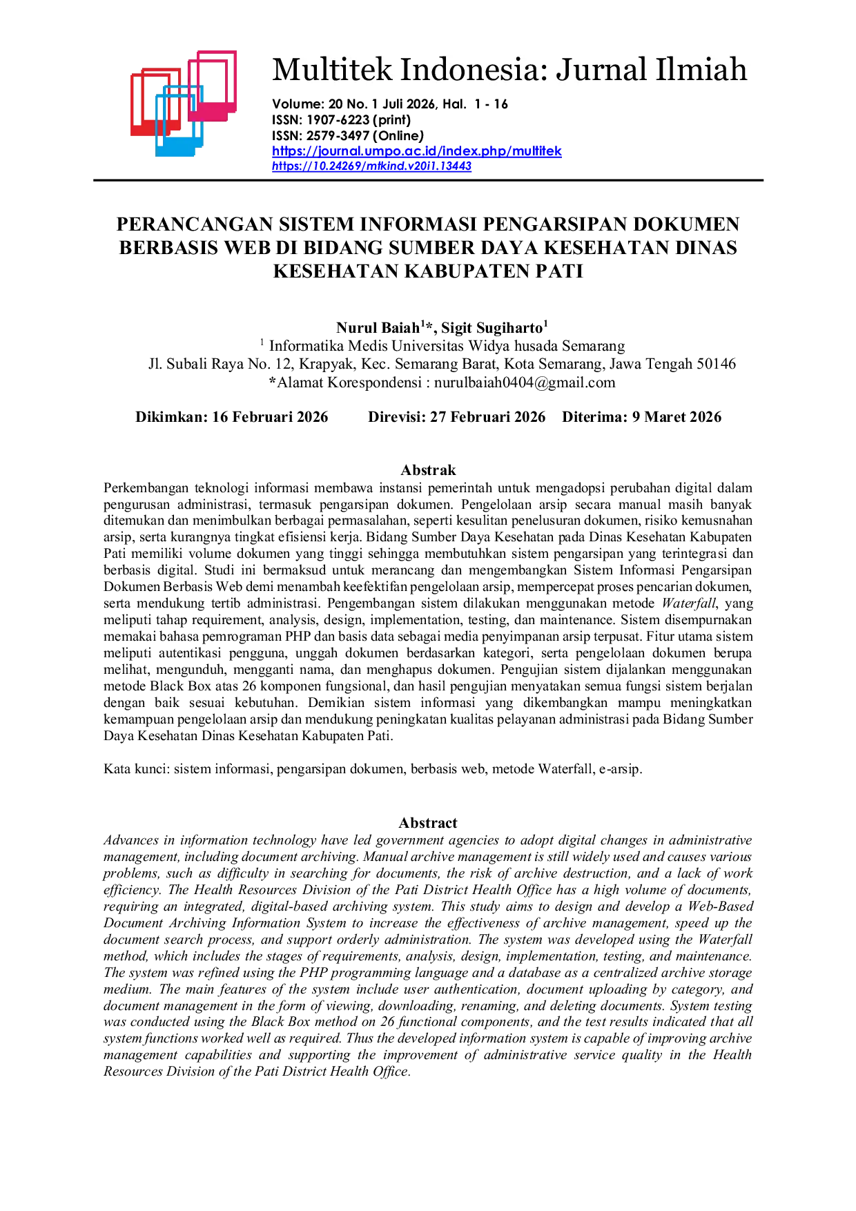 JURIS Perancangan Sistem Informasi Pengarsipan Dokumen Berbasis Web di Bidang Sumber Daya Kesehatan Dinas Kesehatan Kabupaten Pati