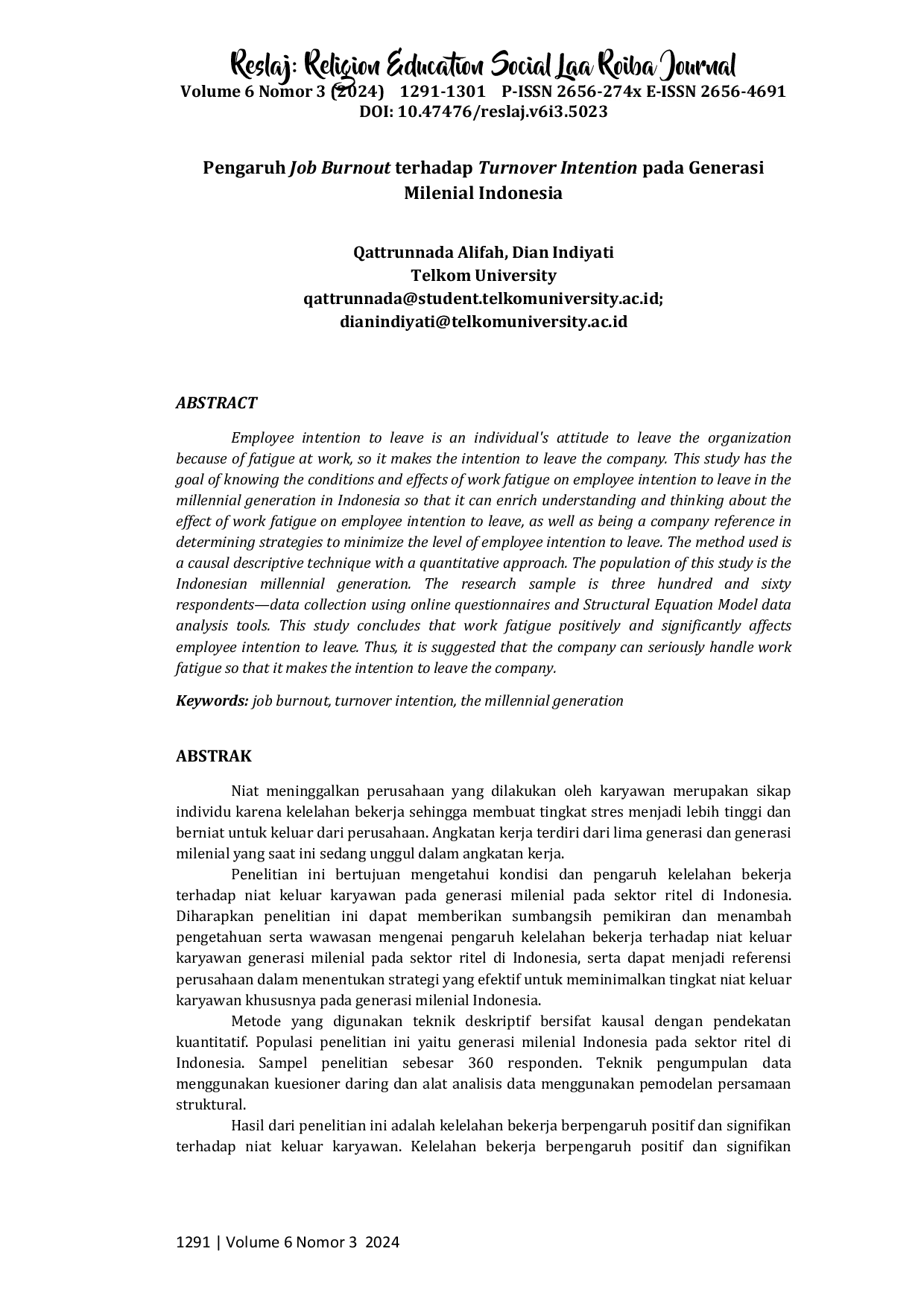 JURIS Pengaruh Job Burnout terhadap Turnover Intention pada Generasi Milenial Indonesia