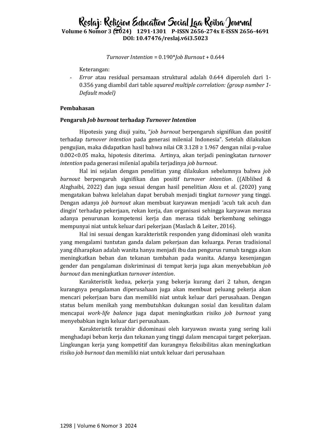 JURIS Pengaruh Job Burnout terhadap Turnover Intention pada Generasi Milenial Indonesia