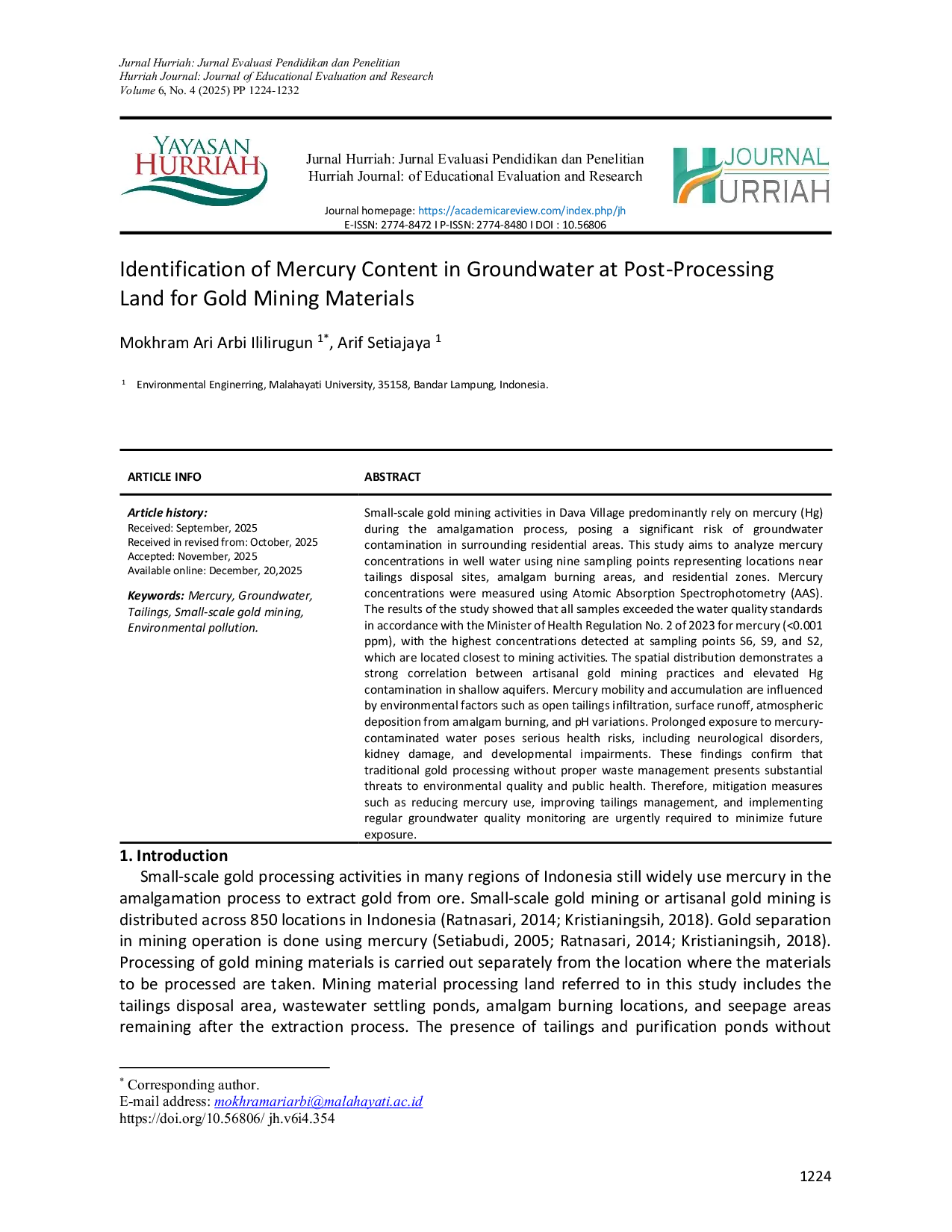 JURIS Identification of Mercury Content in Groundwater at Post Processing Land for Gold Mining Materials