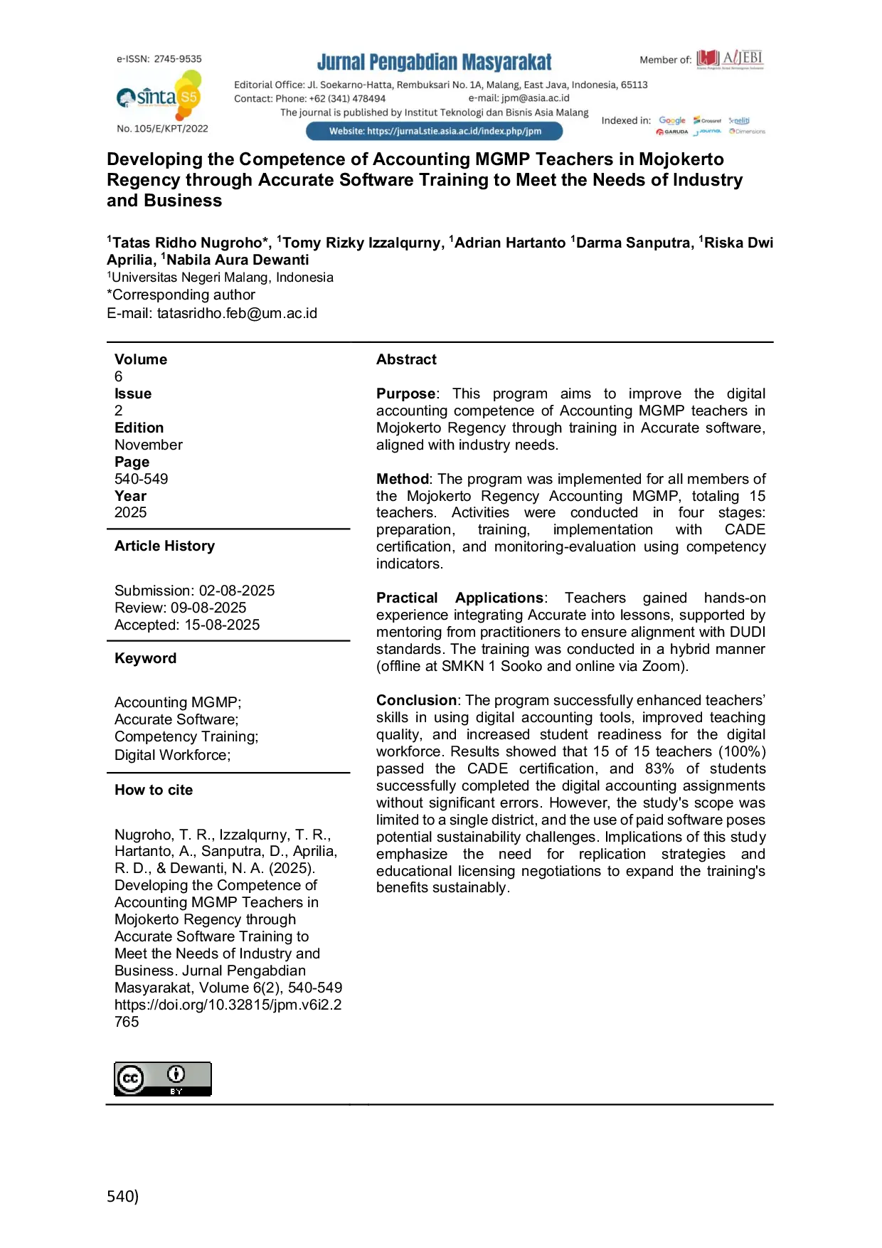 JURIS Developing the Competence of Accounting MGMP Teachers in Mojokerto Regency through Accurate Software Training to Meet the Needs of Industry and Business