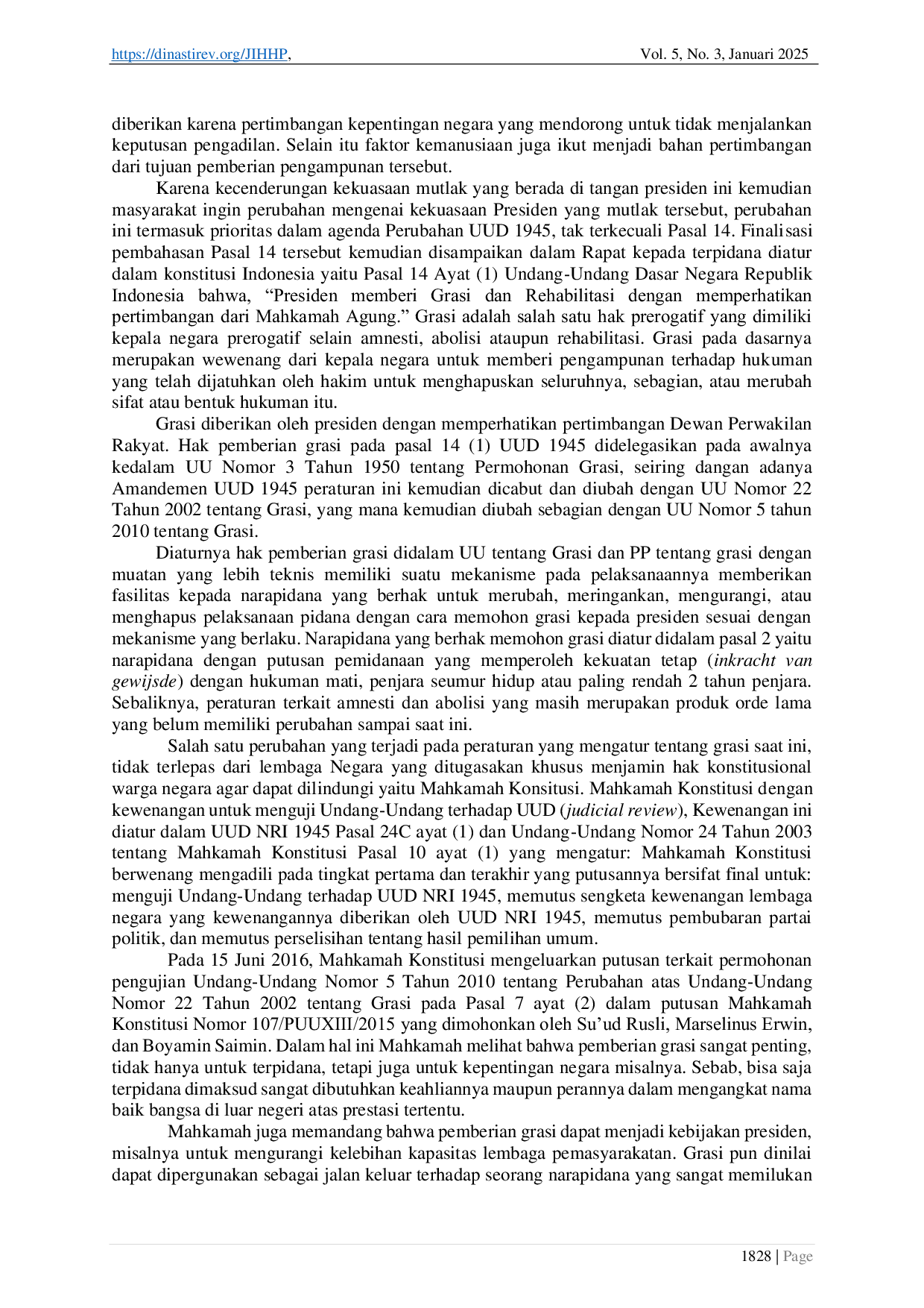 JURIS Inkonstitusionalitas Pembatasan Jangka Waktu Pengajuan Grasi Analisis Putusan Mahkamah Konstitusi Nomor 107 PUU XIII 2015