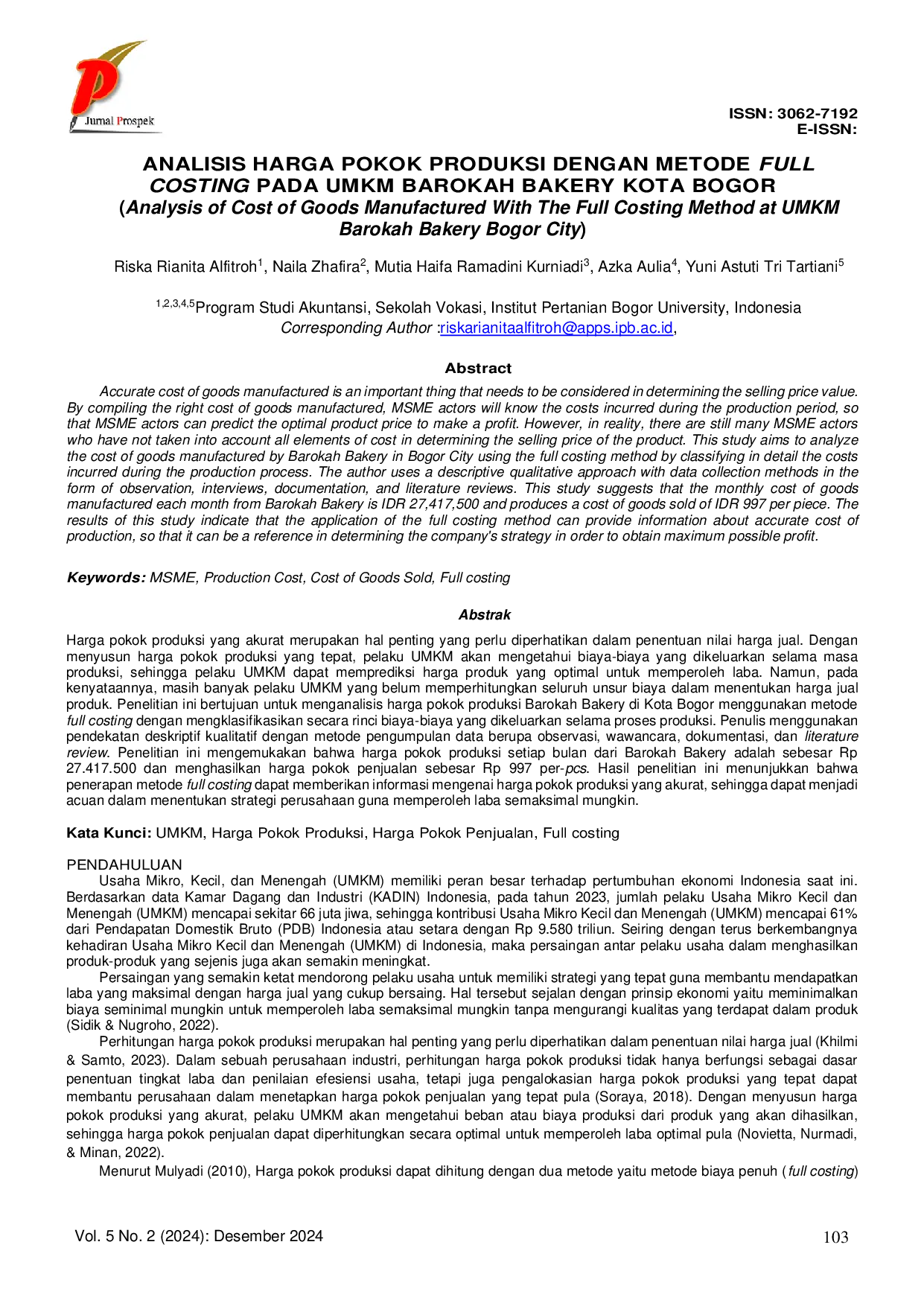 JURIS Analisis Harga Pokok Produksi dengan Metode Full Costing pada UMKM Barokah Bakery Kota Bogor