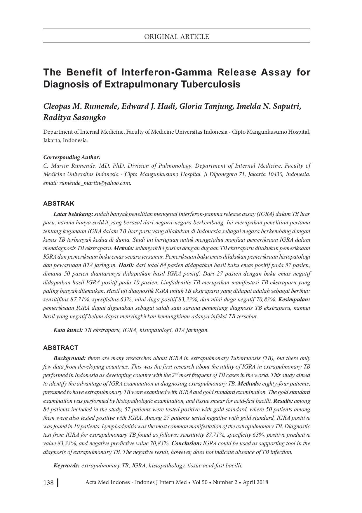 JURIS The Benefit of Interferon Gamma Release Assay for Diagnosis of Extrapulmonary Tuberculosis