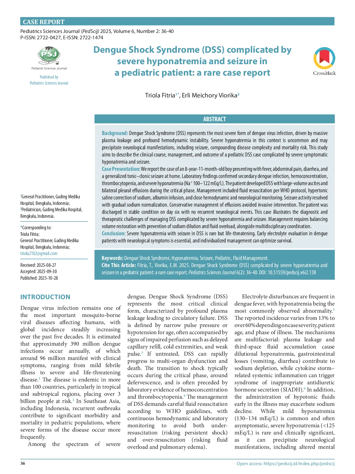 JURIS Dengue Shock Syndrome DSS complicated by severe hyponatremia and seizure in a pediatric patient a rare case report
