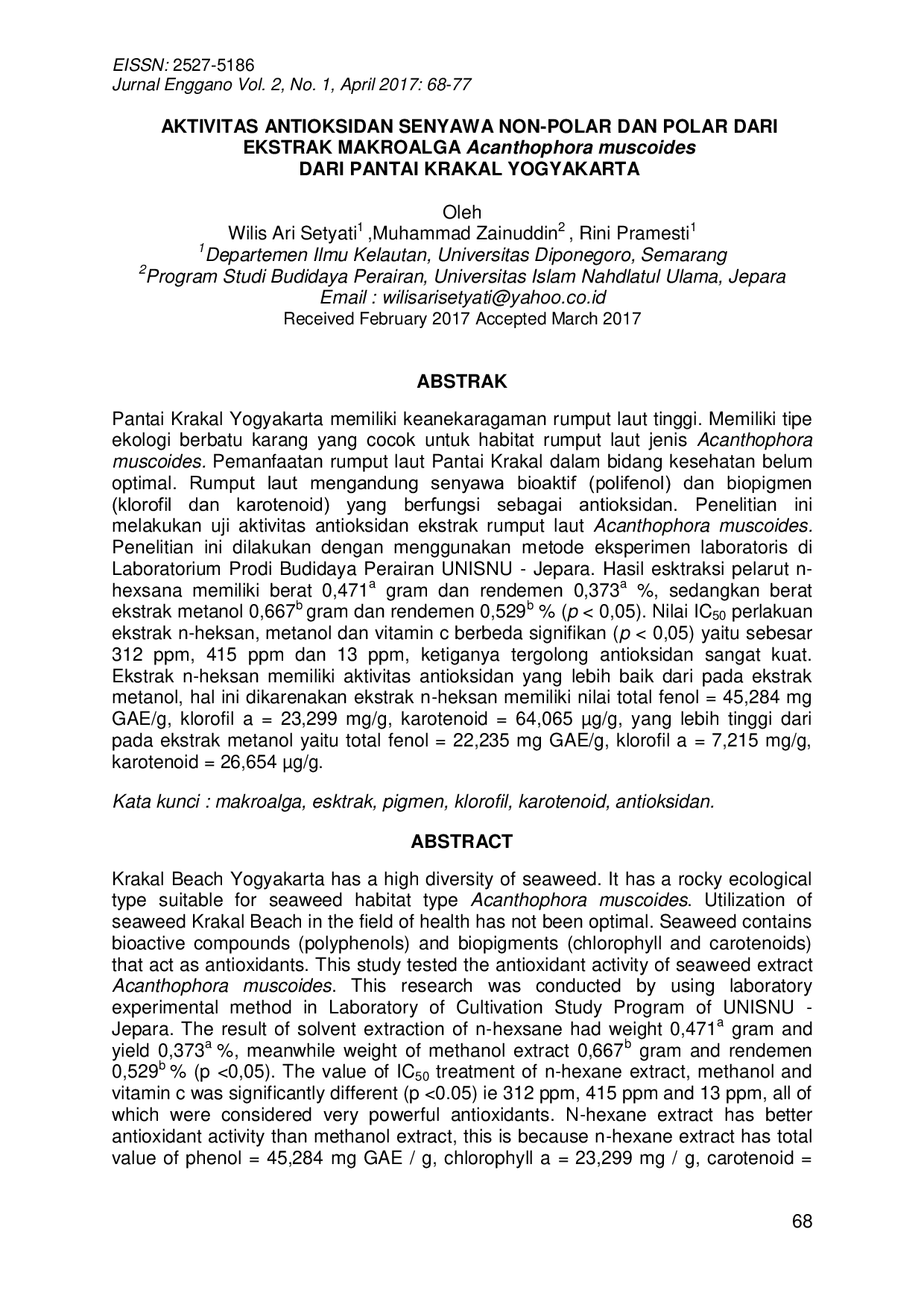 JURIS AKTIVITAS ANTIOKSIDAN SENYAWA NON POLAR DAN POLAR DARI EKSTRAK MAKROALGA Acanthophora muscoides DARI PANTAI KRAKAL YOGYAKARTA